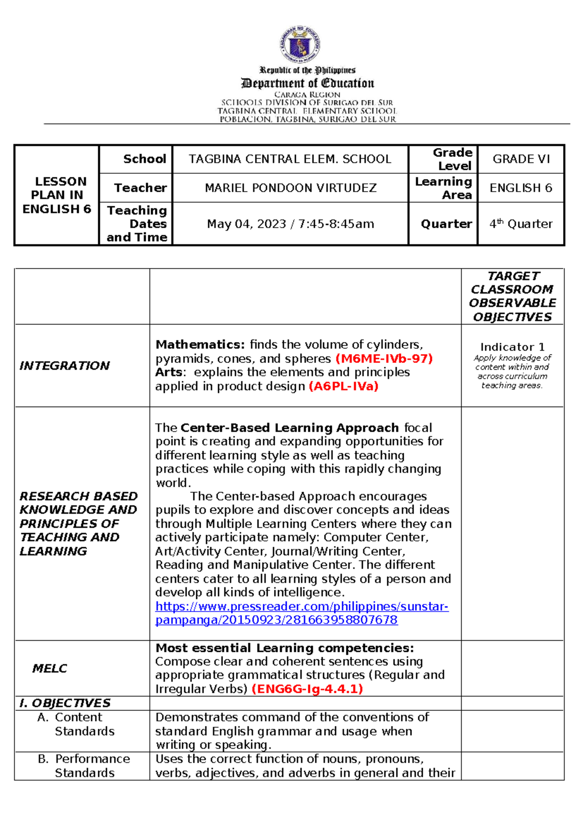 Teacher-Mariel LP- Final - LESSON PLAN IN ENGLISH 6 School TAGBINA ...
