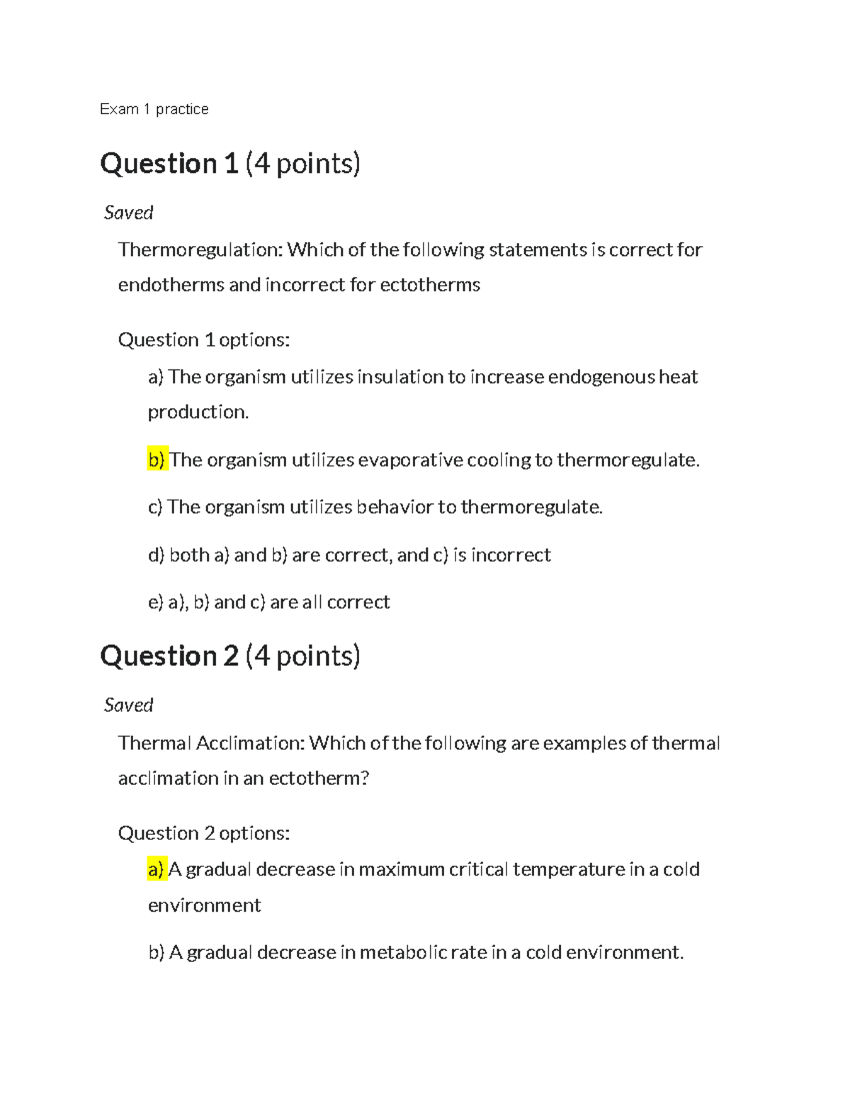 Bio 203 Exam 1 Practice - Notes To Help - Exam 1 Practice Question 1 (4 ...