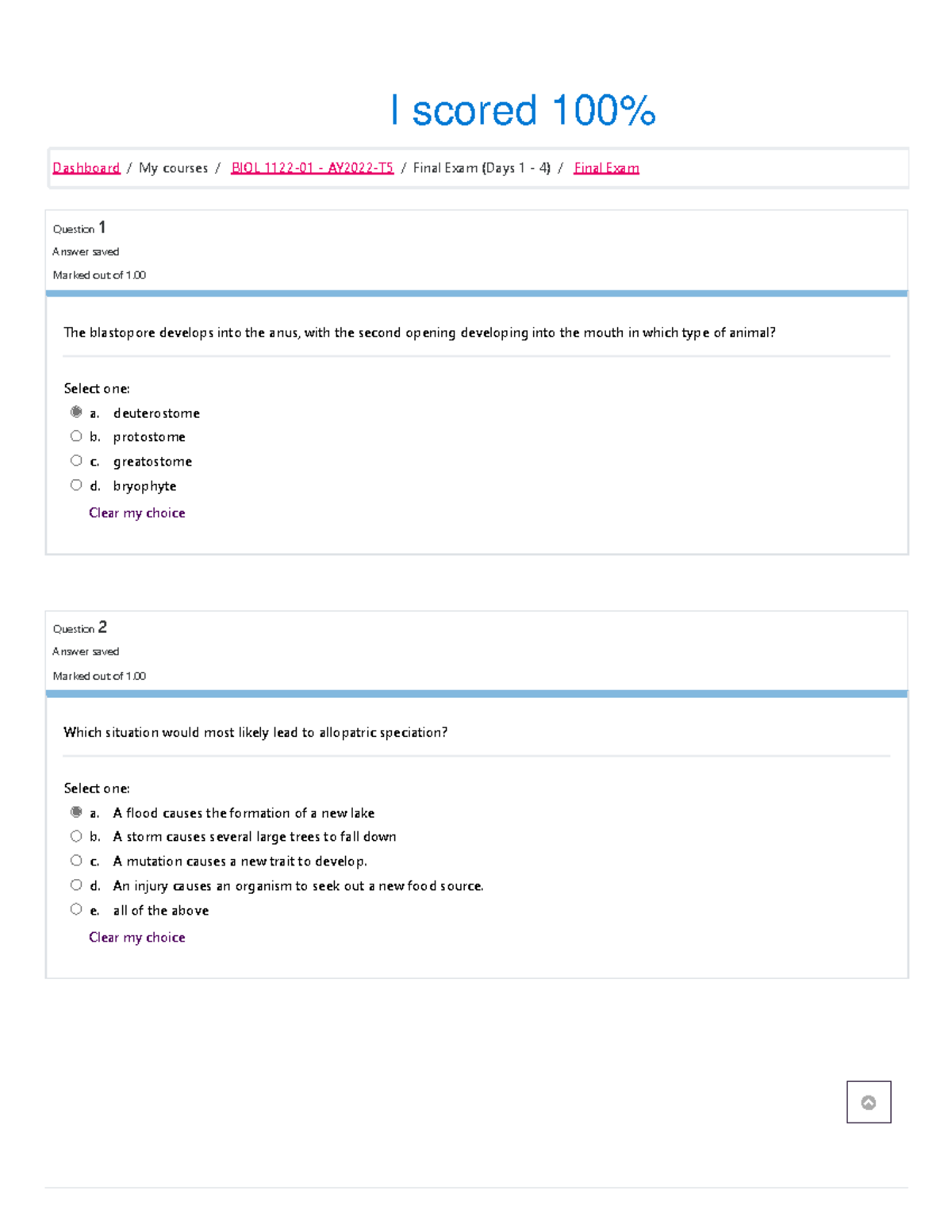 Biology 2 BIOL 1122 Final Exam Scored 100 - Question 1 Answer Saved ...