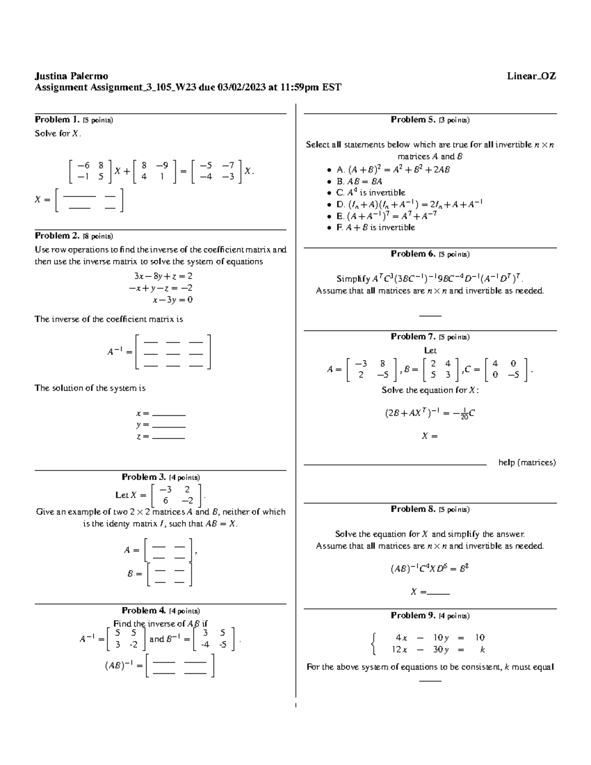 Practice Questions - Linear Algebra Dawson College - Justina Palermo ...