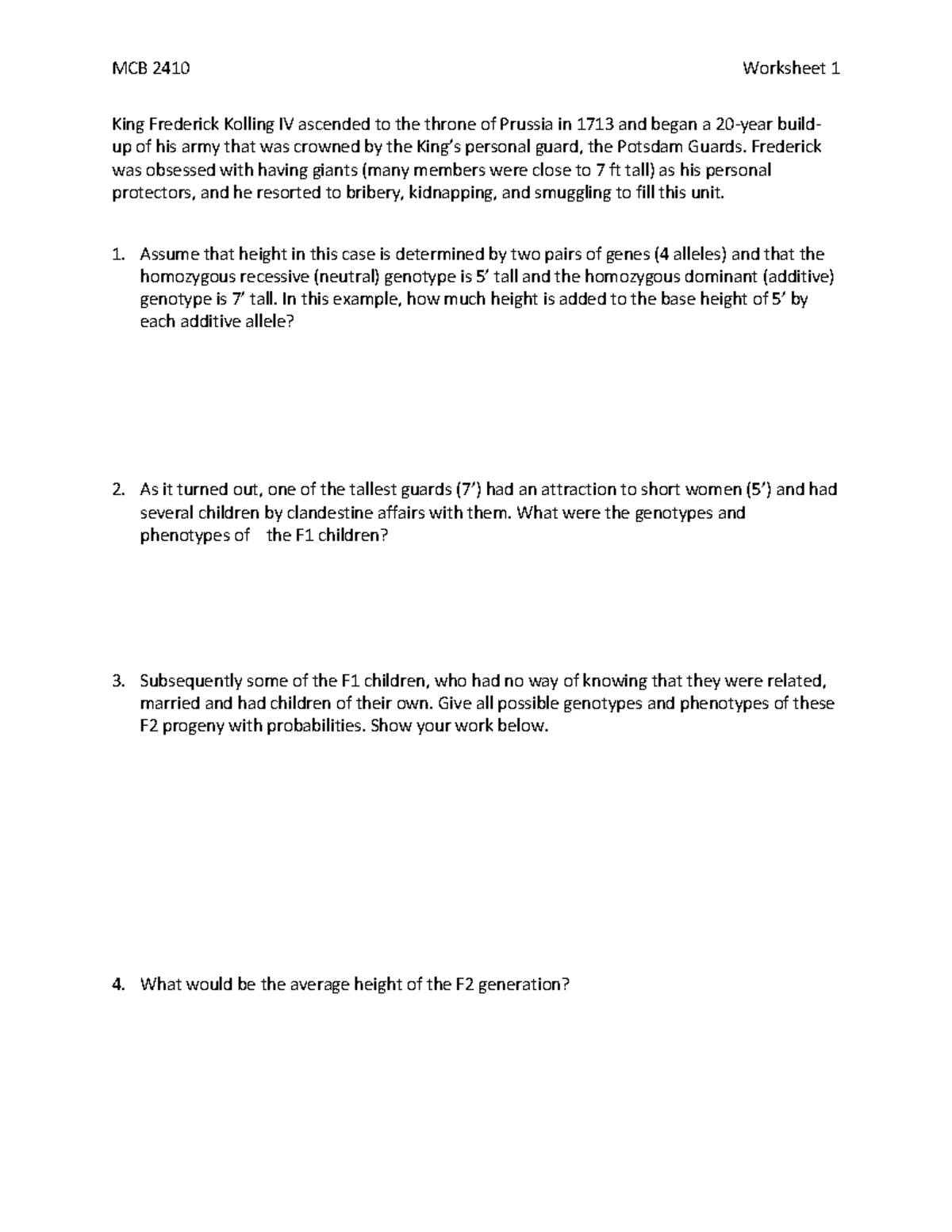 Worksheet 1 King Fred - MCB 2410 Worksheet 1 King Frederick Kolling IV ...