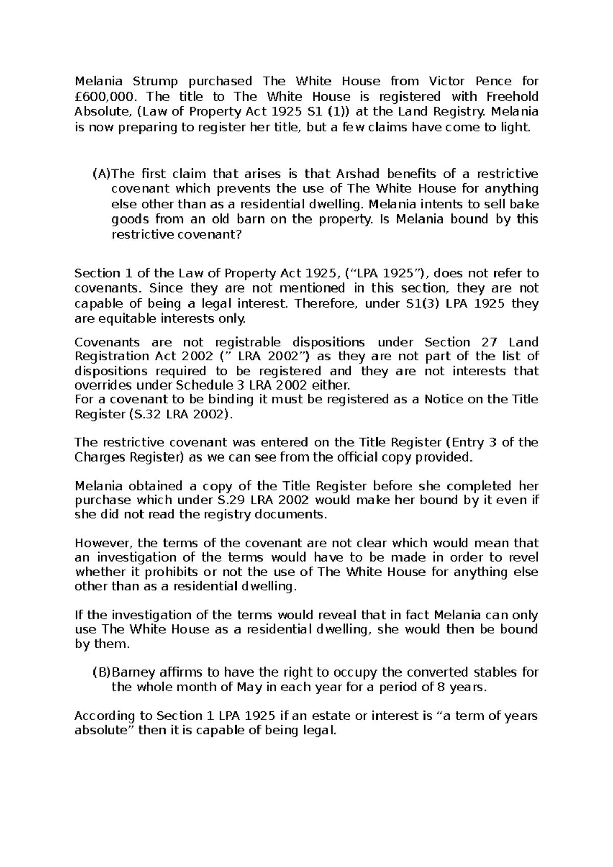 LAND LAW Coursework problem question Melania Strump purchased The