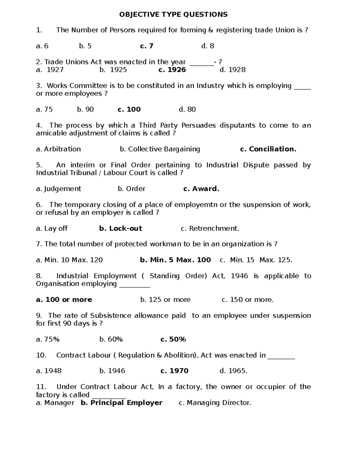 labour law questions - OBJECTIVE TYPE QUESTIONS The Number of Persons ...