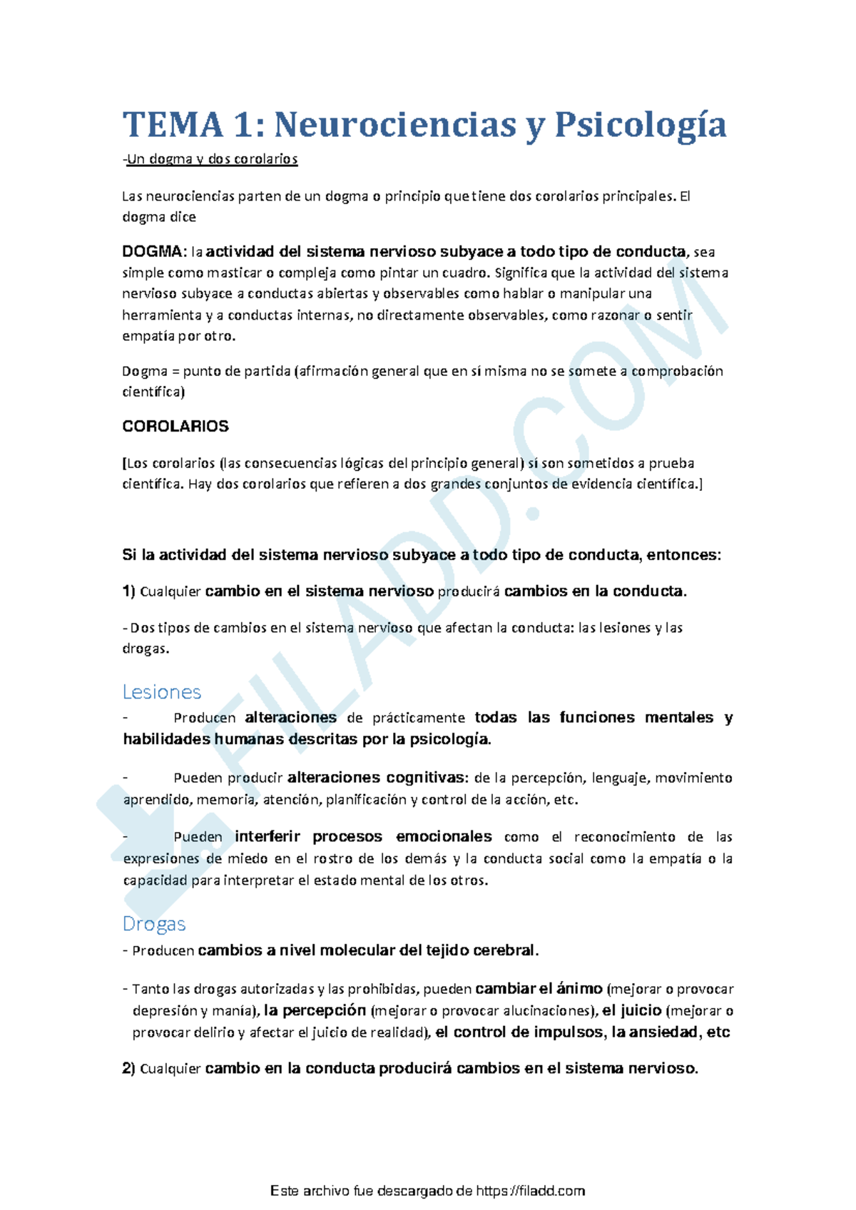 Primer Parcial Neuro - TEMA 1: Neurociencias y Psicología Un dogma y ...
