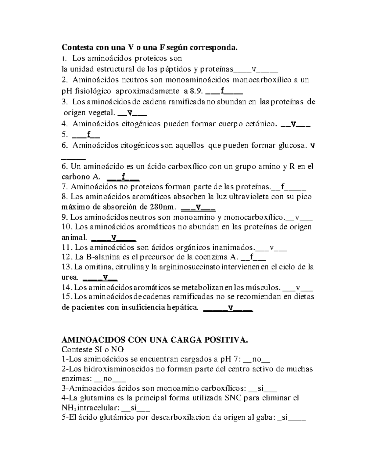 Cuestionario De Amino Acido - Contesta Con Una V O Una F Según ...