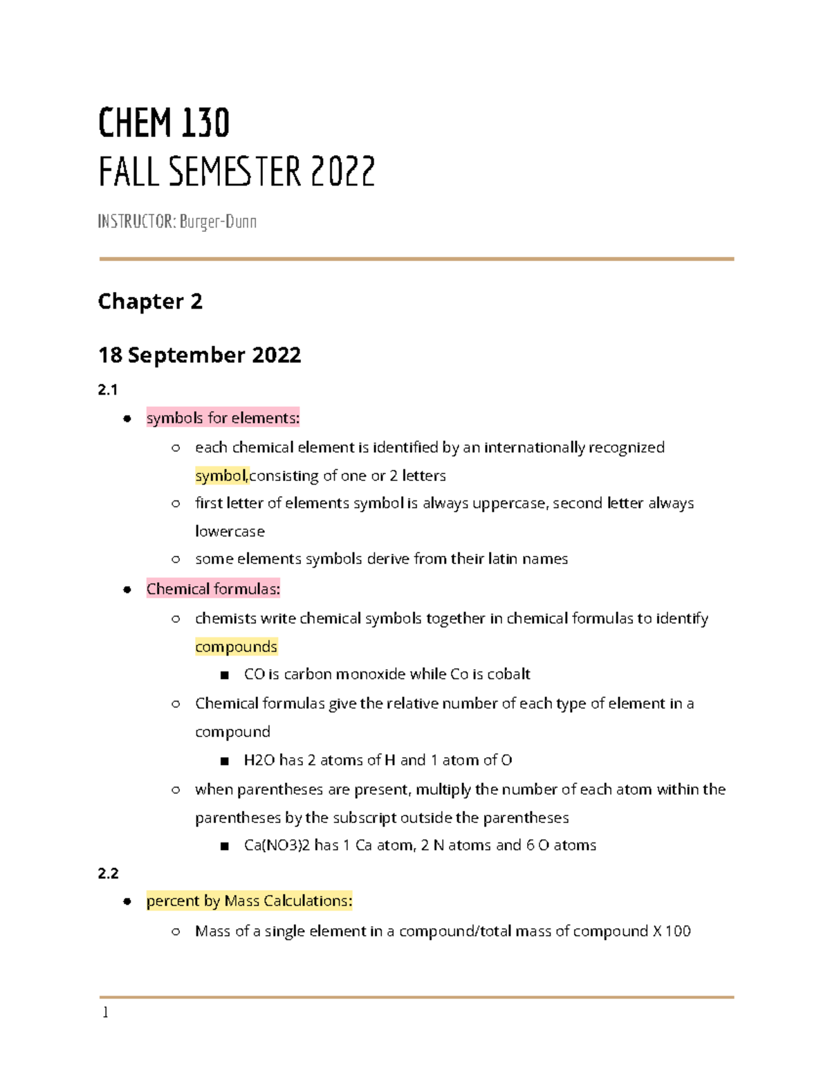 Chem chapter 2 notes - CHEM 130 FALL SEMTER 2022 INSTRUCTOR: Burger ...