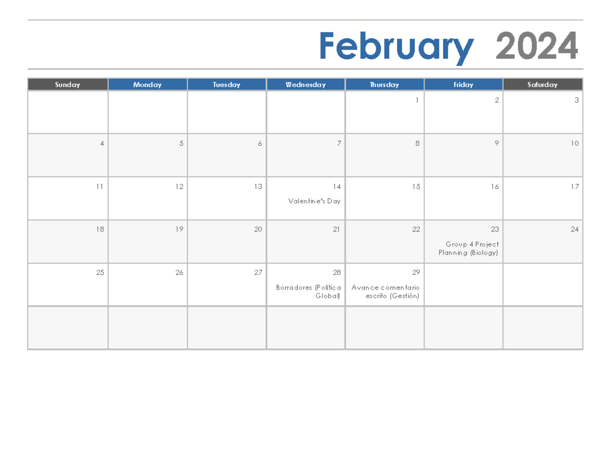 Calendario 2024 - February 2024 Sunday Monday Tuesday Wednesday 