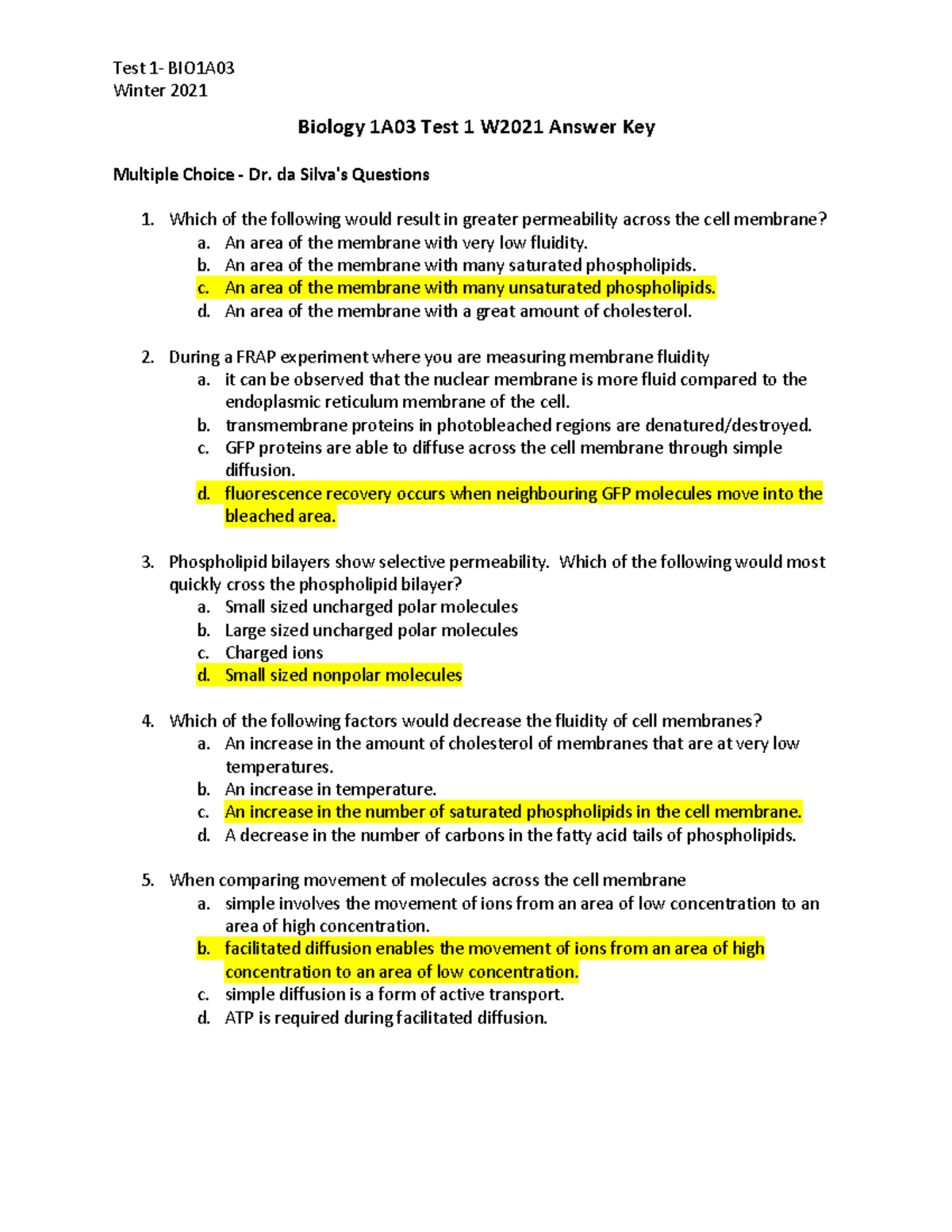 Bio 1A03 Test 1 Answer key - Winter 2021 Biology 1A03 Test 1 W2021 ...