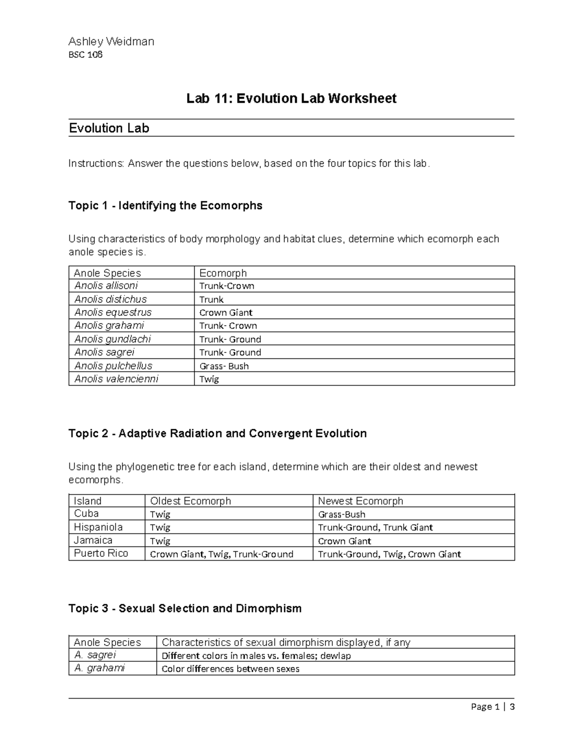 Lab 11 Evolution Worksheet - Ashley Weidman Bsc 108 Lab 11: Evolution 