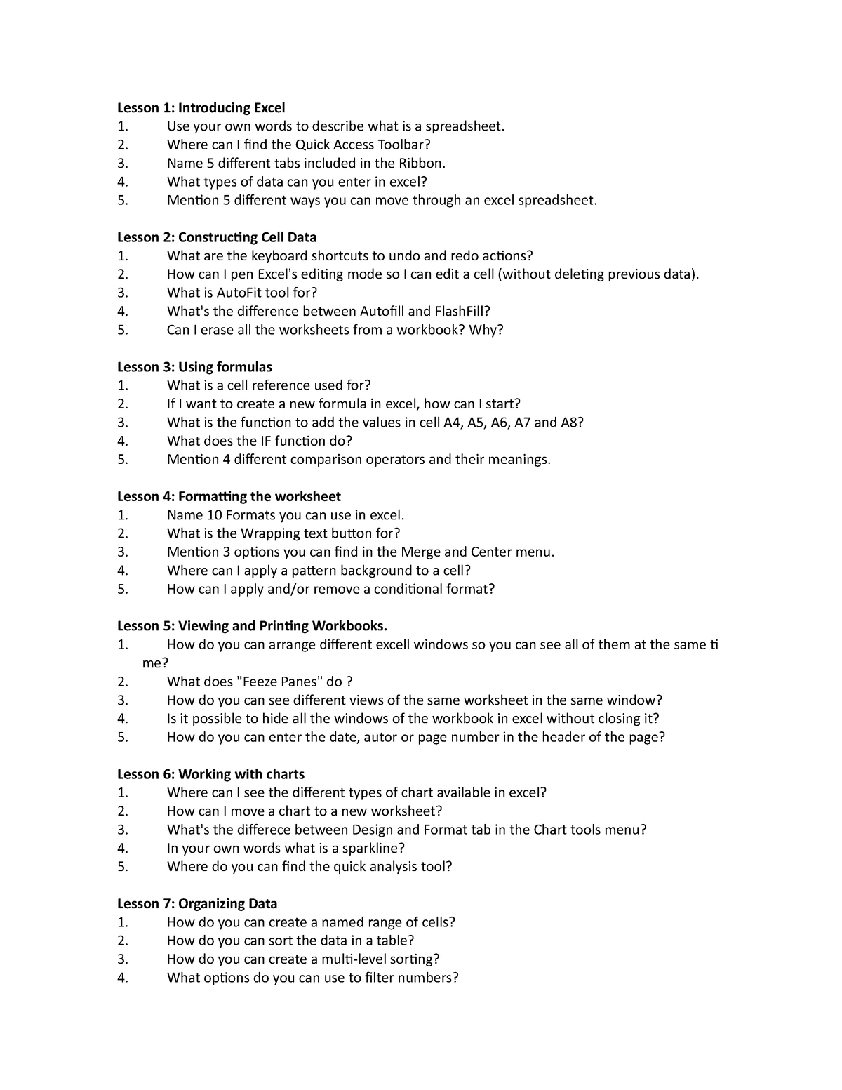 Cuestionario excel - Lesson 1: Introducing Excel Use your own words to ...