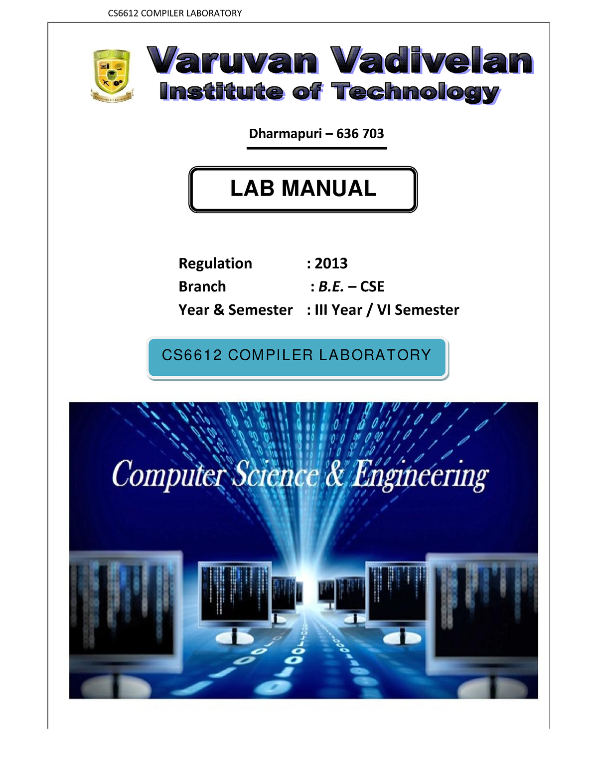 CS6612- Compiler- Laboratory - Dharmapuri – 636 703 Regulation : 2013 ...