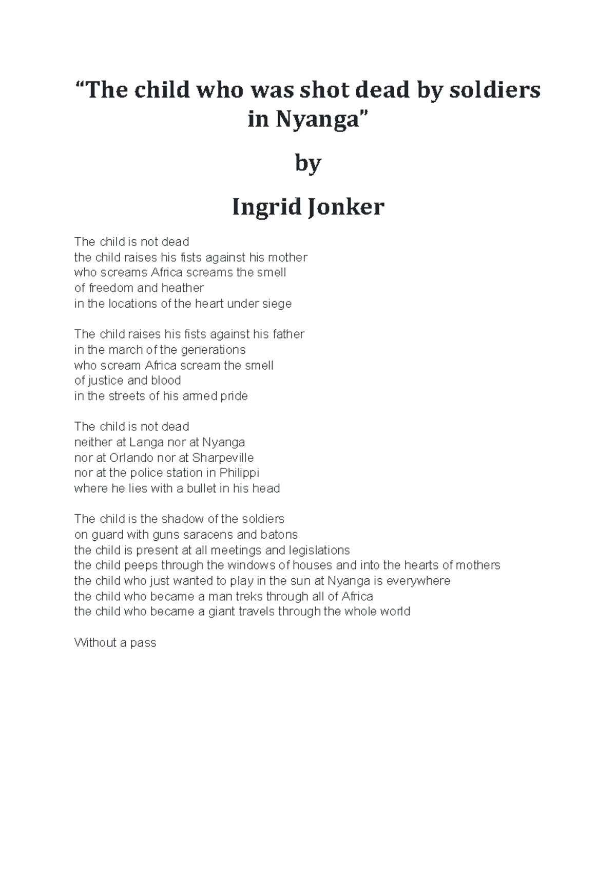 Ingrid Jonker - “The child who was shot dead by soldiers in Nyanga” by ...