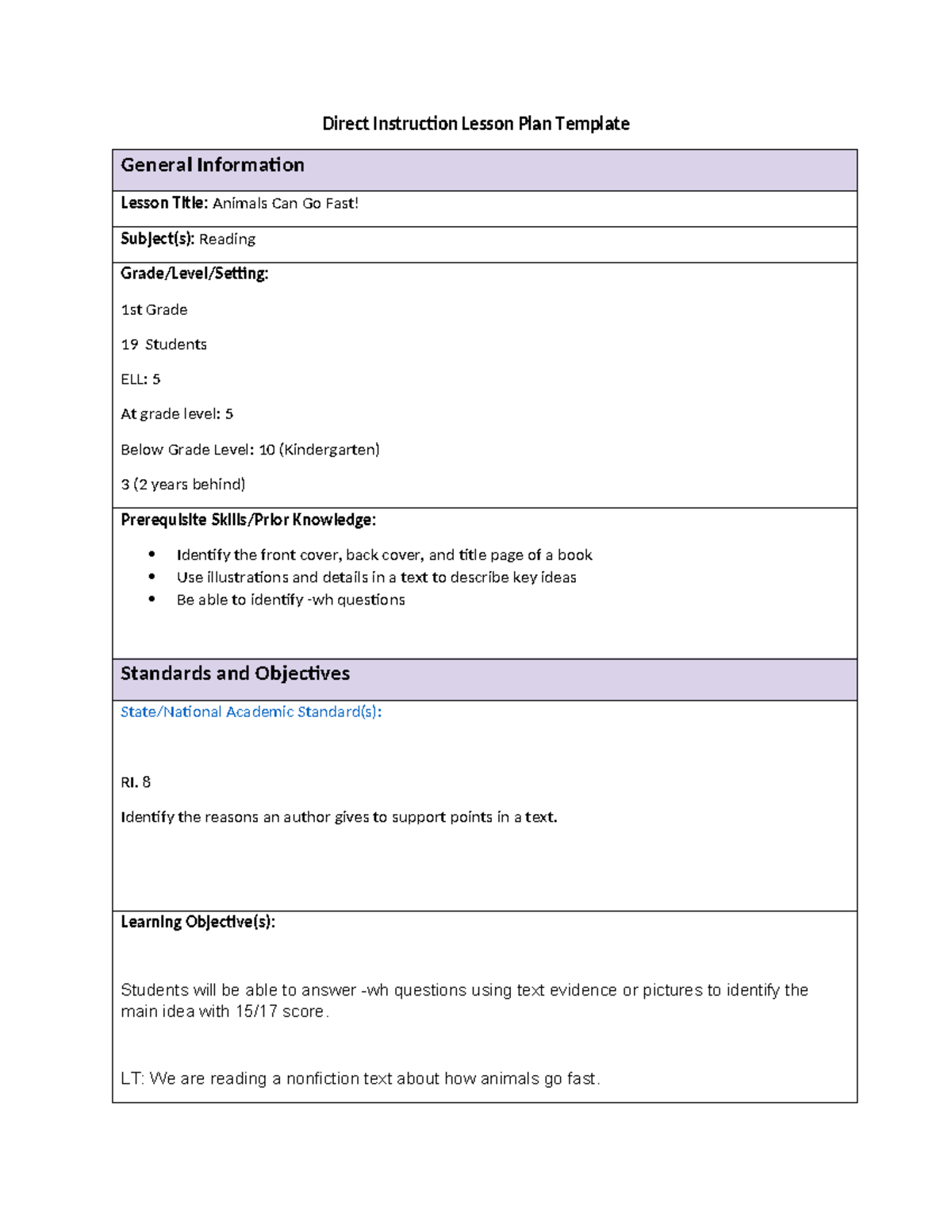 Observation 1 Lesson Plan - Direct Instruction Lesson Plan Template ...
