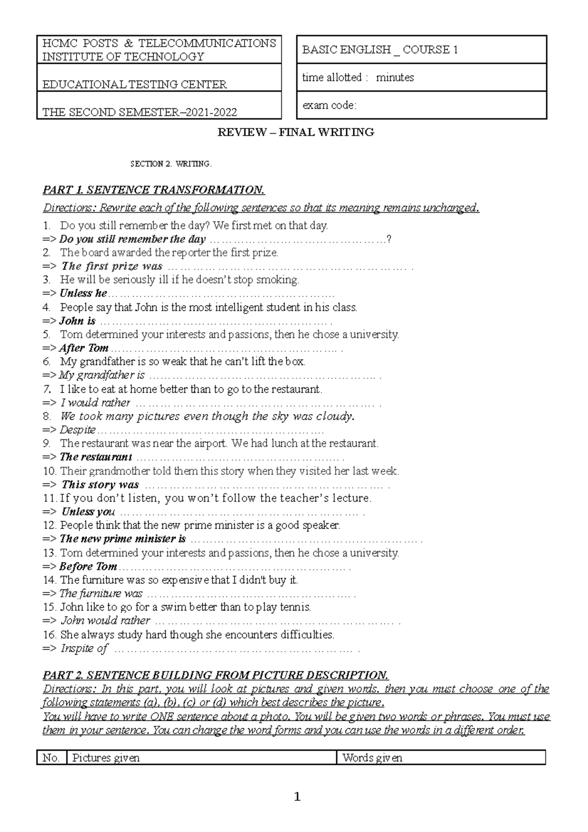 Review- Writing TEST- Course 1.Th S.N.T - HCMC POSTS ...