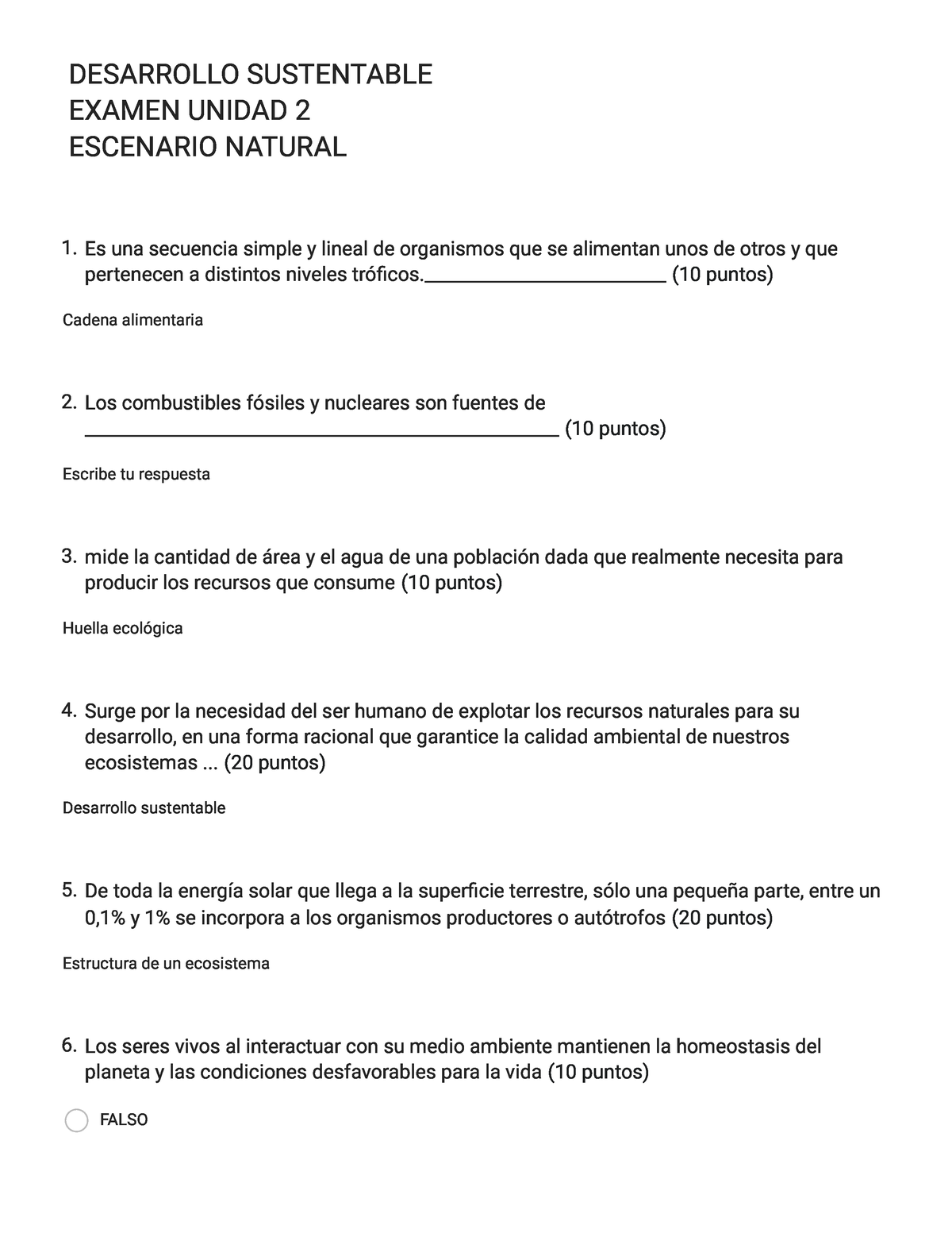 Desarrollo Sustentable Examen Unidad 2 Escenario Natural - DESARROLLO ...