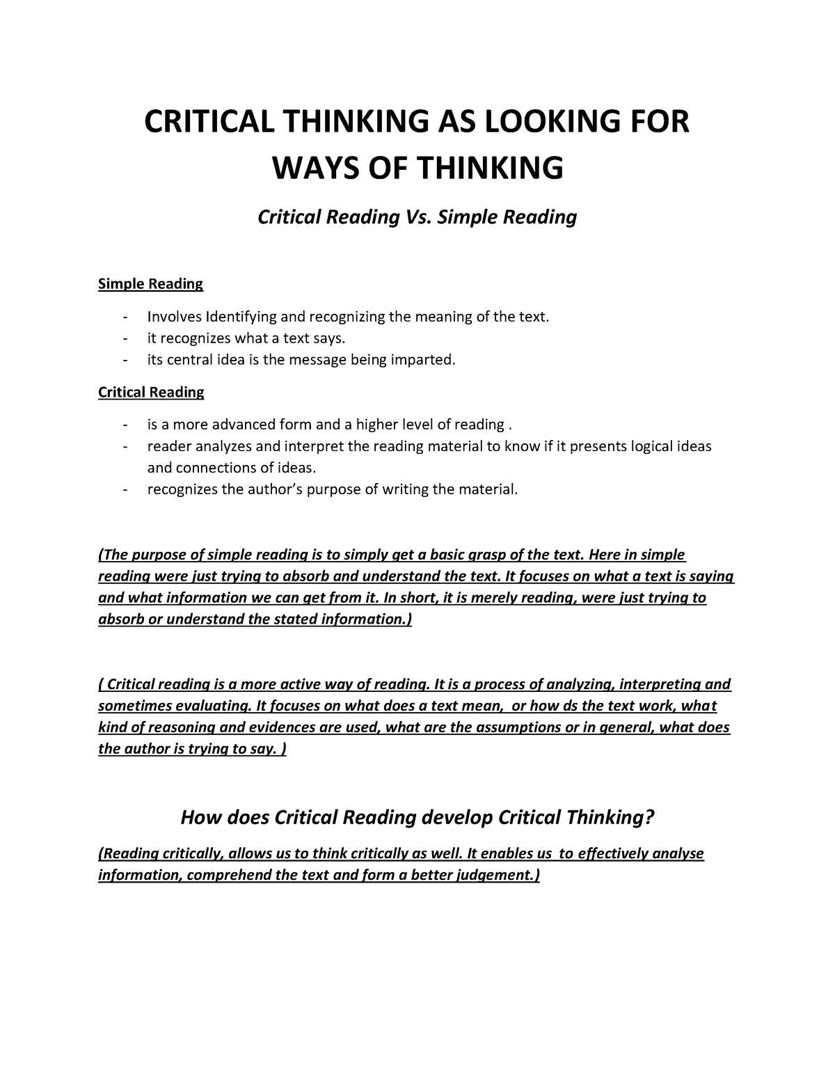 Critical Reading As Looking For Ways Of Thinking - CRITICAL THINKING AS ...