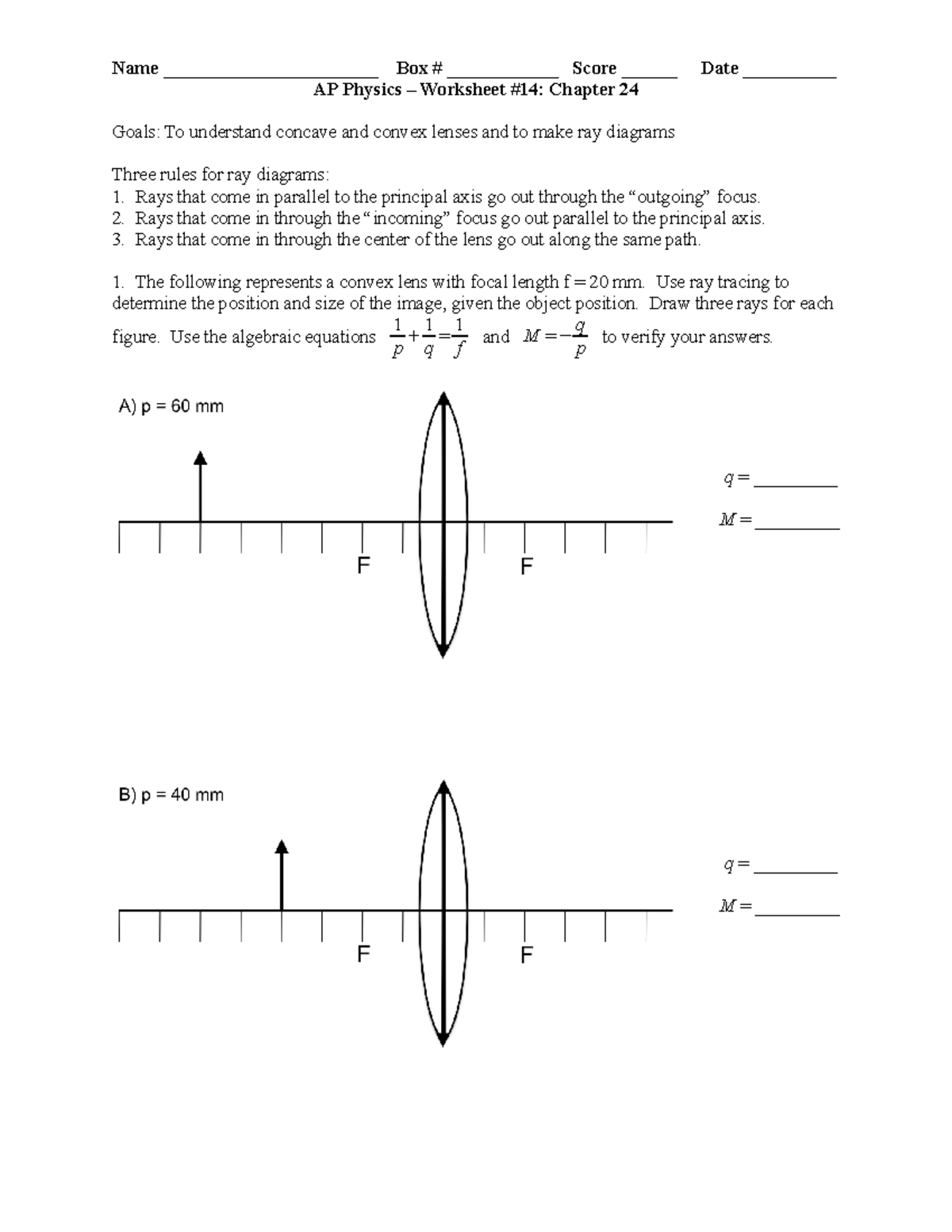 Lenses Worksheet for Physics students - Name ...