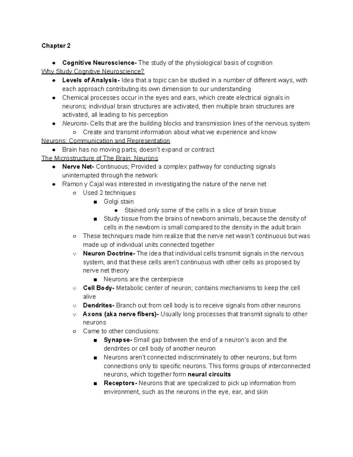 Psych 240 Chapter 2 Notes - Chapter 2 Cognitive Neuroscience- The Study ...