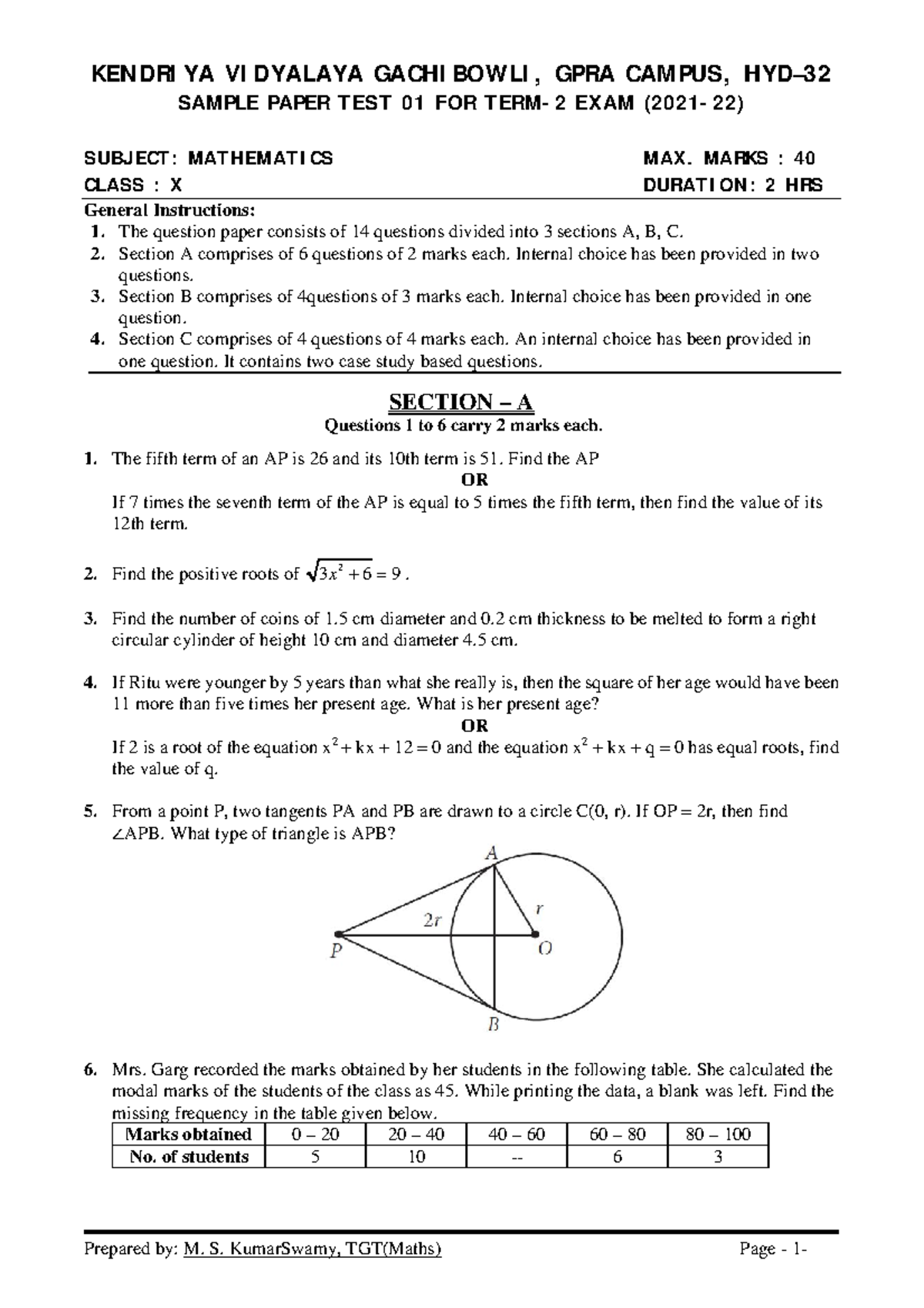Maths class x term 2 sample paper test 01 2021 22 Prepared by M. S