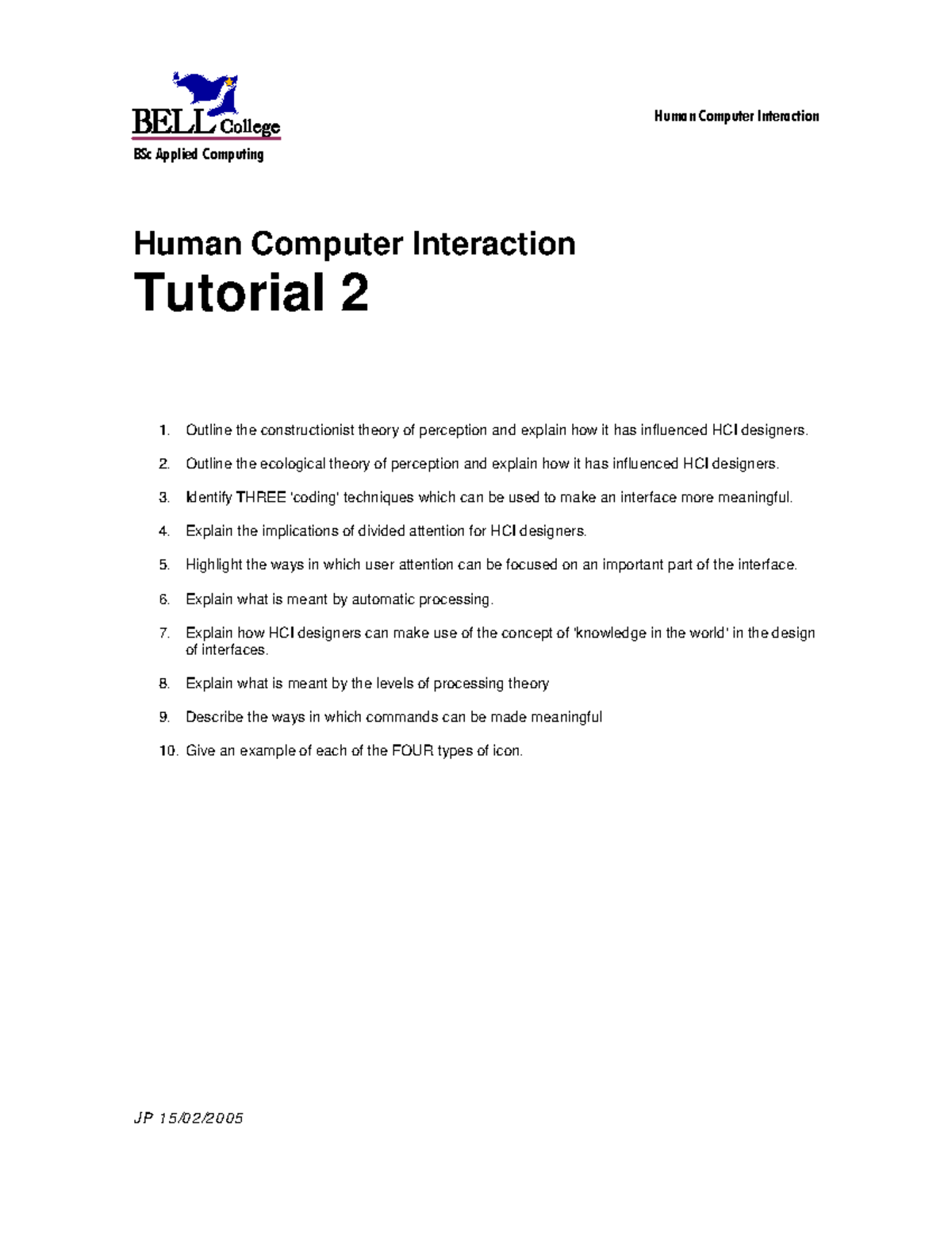 Hcitutorial 2 - Lecture Notes - Human Computer Interaction JP 15/02 ...