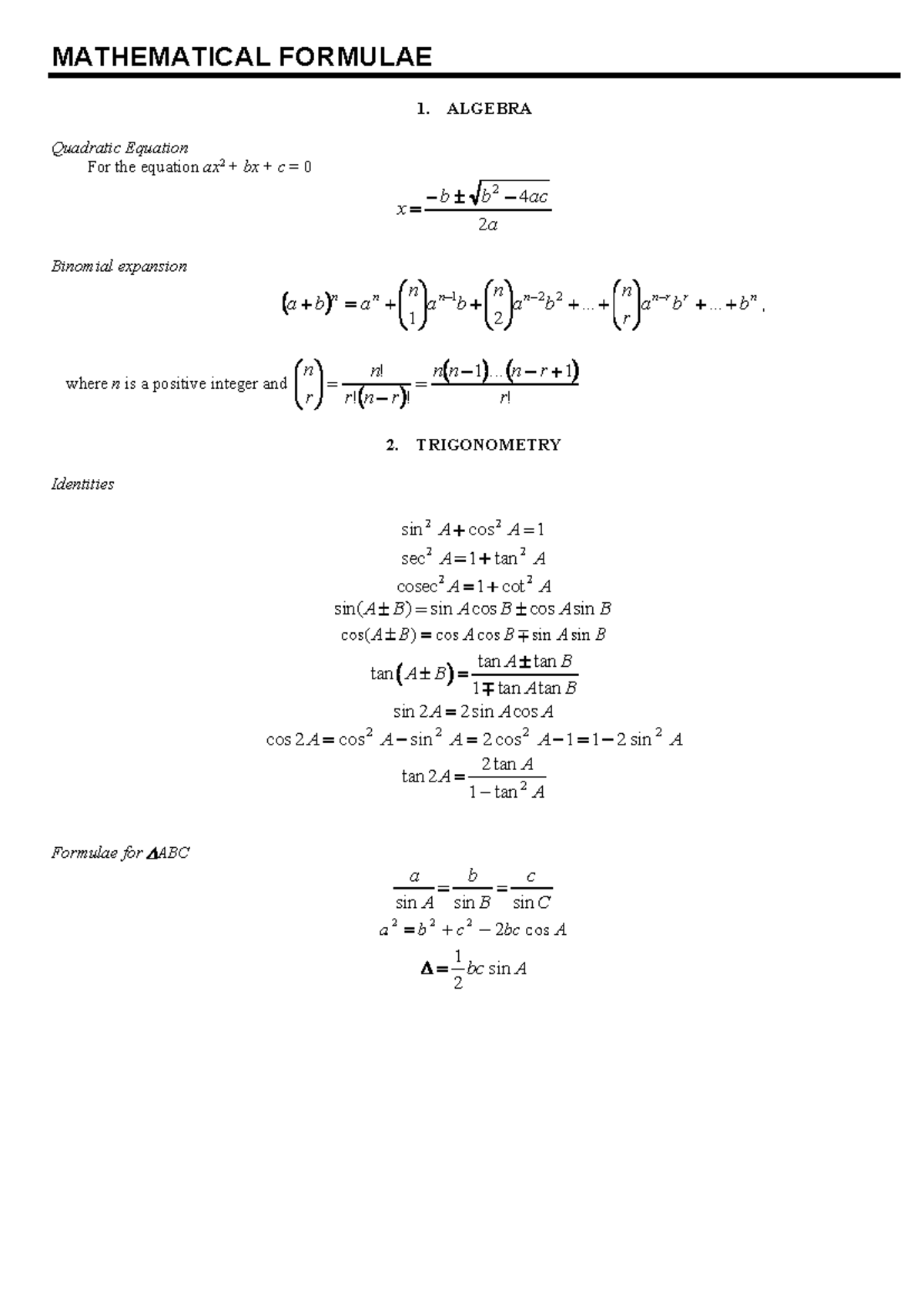 A Maths Formula Sheet - MATHEMATICAL FORMULAE ALGEBRA Quadratic ...