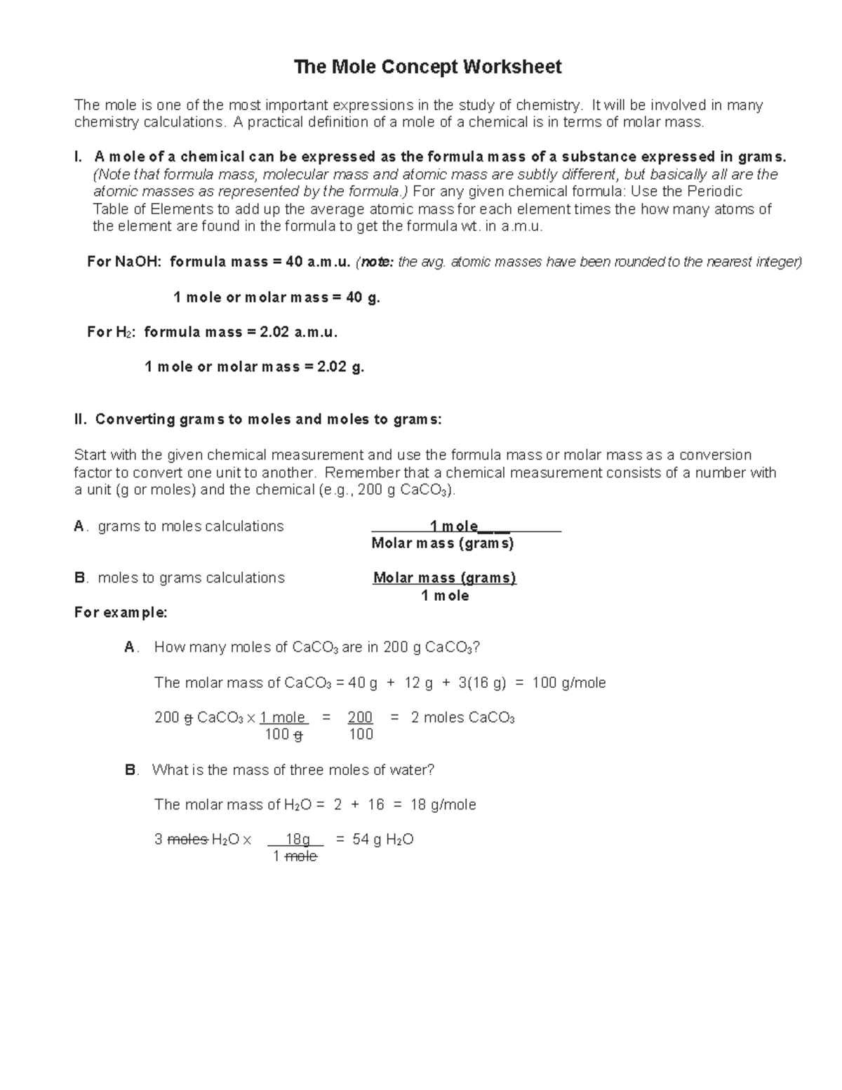 The Mole Concept Worksheet Practice - - Studocu