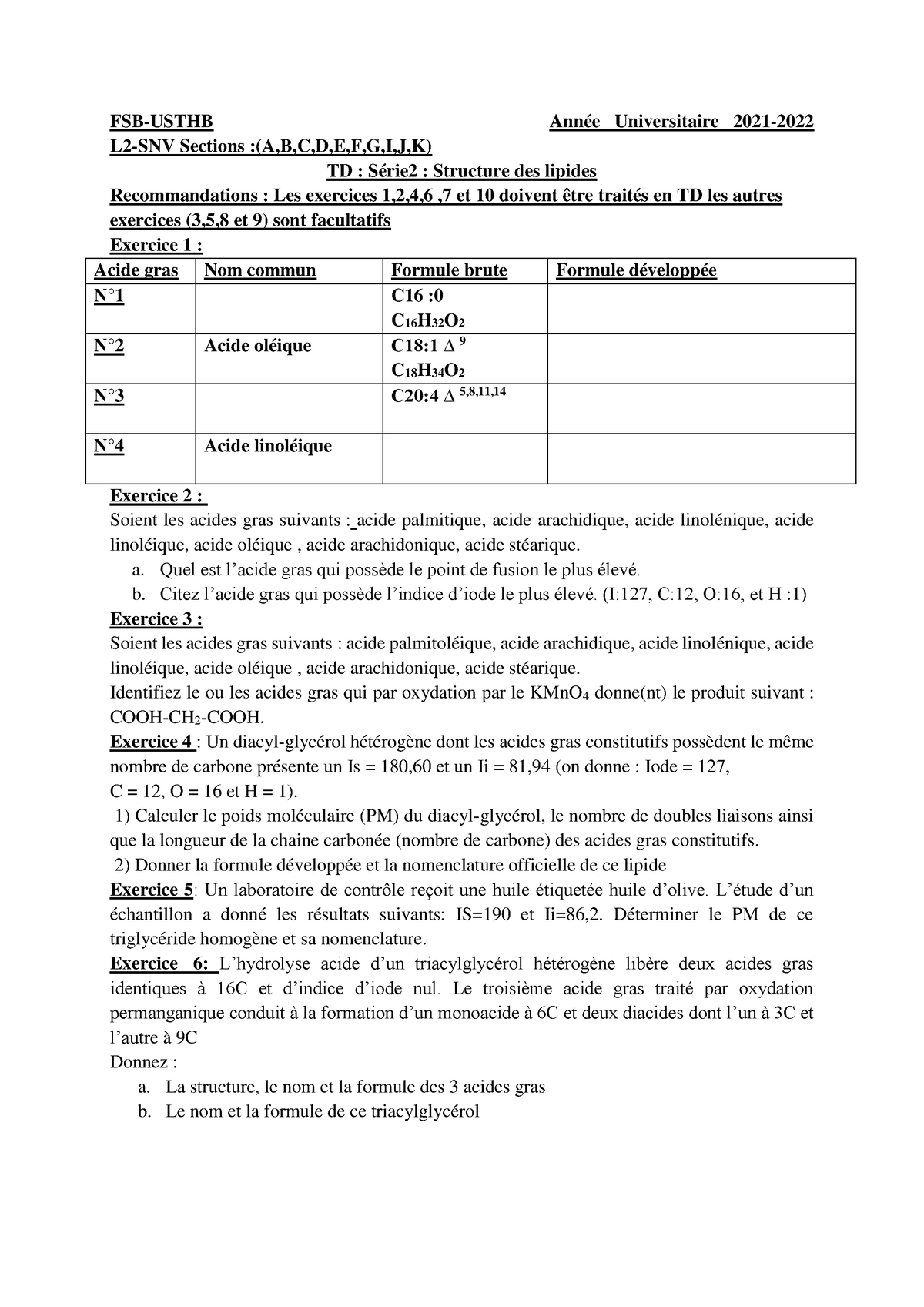 Série TD 2 - Structure Des Lipides - FSB-USTHB Année Universitaire 2021 ...