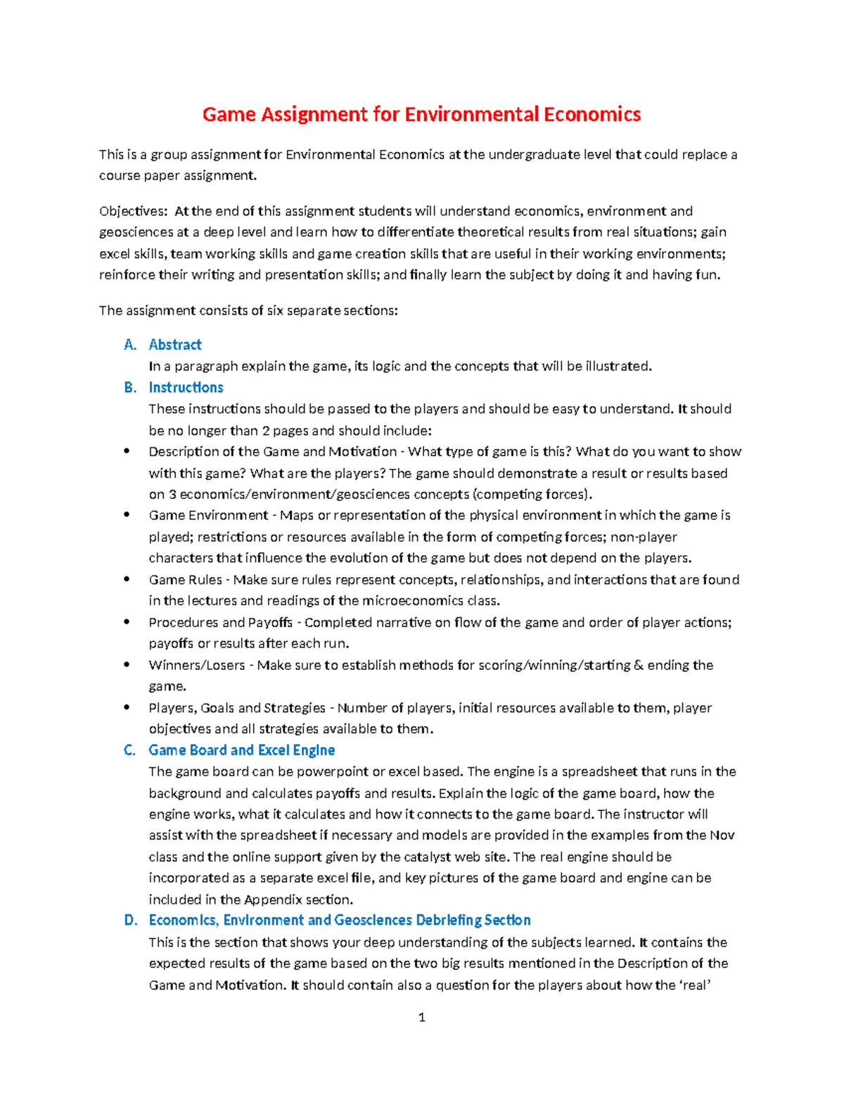Student handout game assignmen - Game Assignment for Environmental ...
