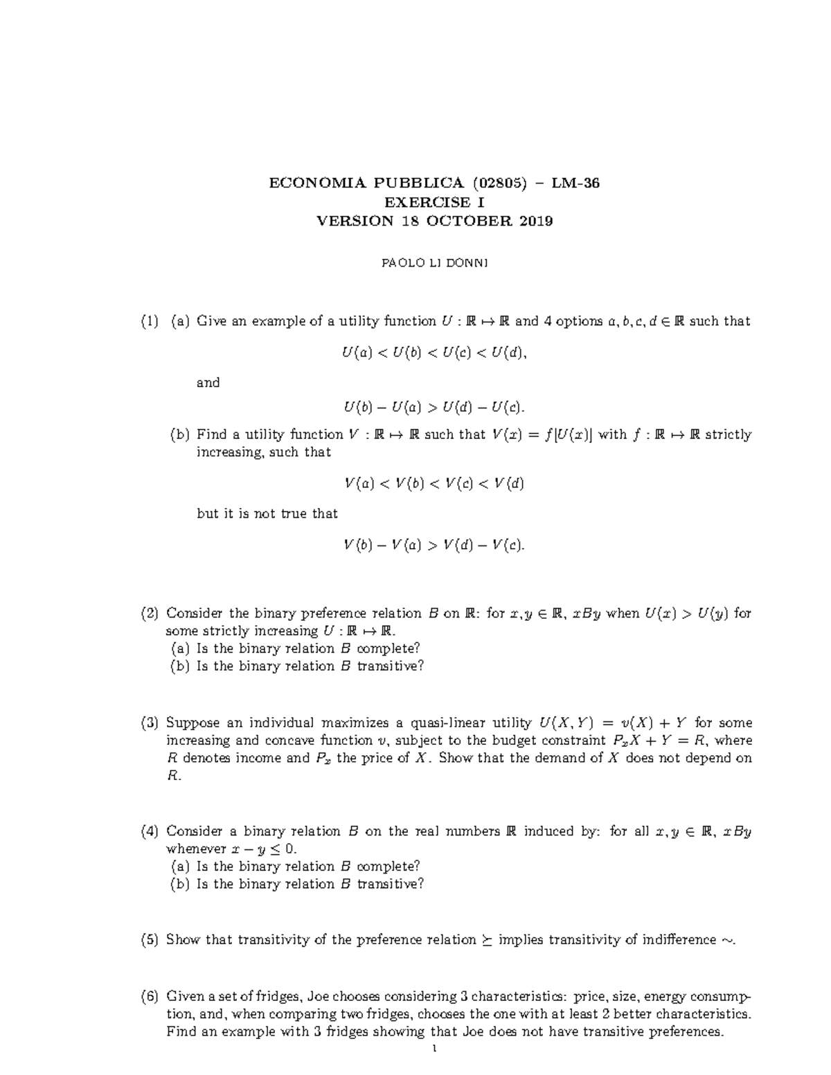 Exercise Part1 19 Economia Pubblica Lm Exercise Version 18 October 19 Paolo Li Donni Give An Example Of Utility Functionu R7 Rand Studocu