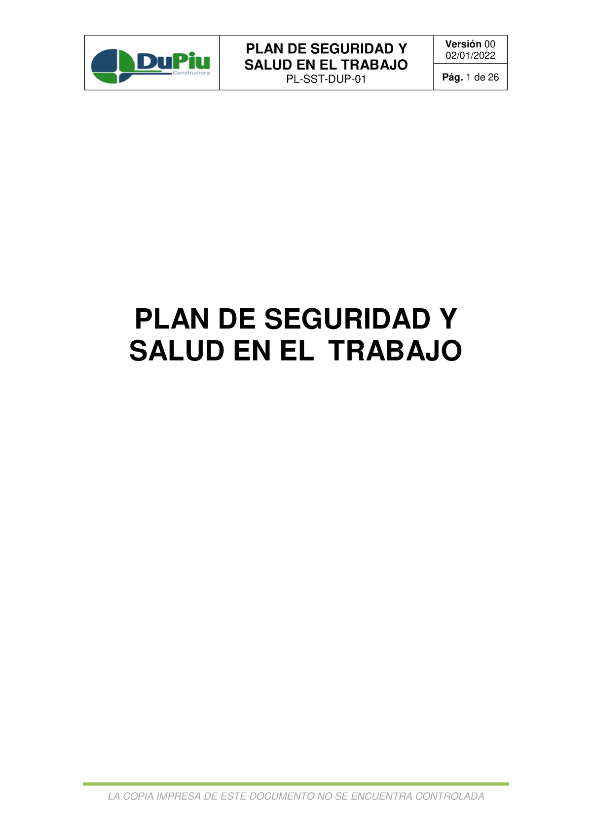 PL-SST-DUP-01 Plan De Seguridad Y Salud En El Trabajo - PLAN DE ...