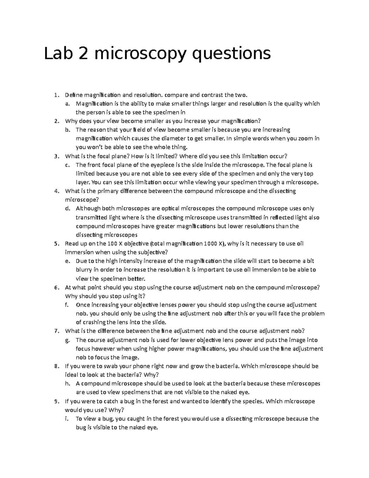 Lab 2 microscopy questions Lab 2 microscopy questions Define