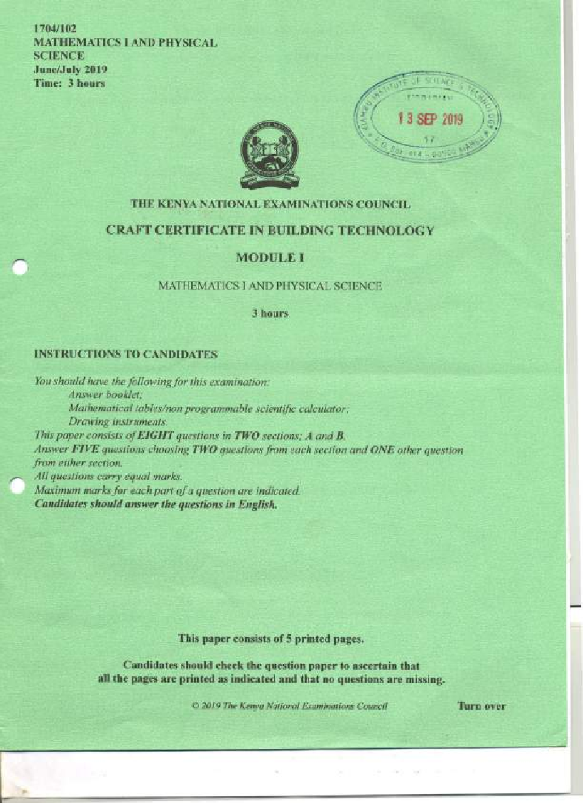 2019 July - KNEC PAPERS - Diploma In Mechanical Engineering - Technical ...