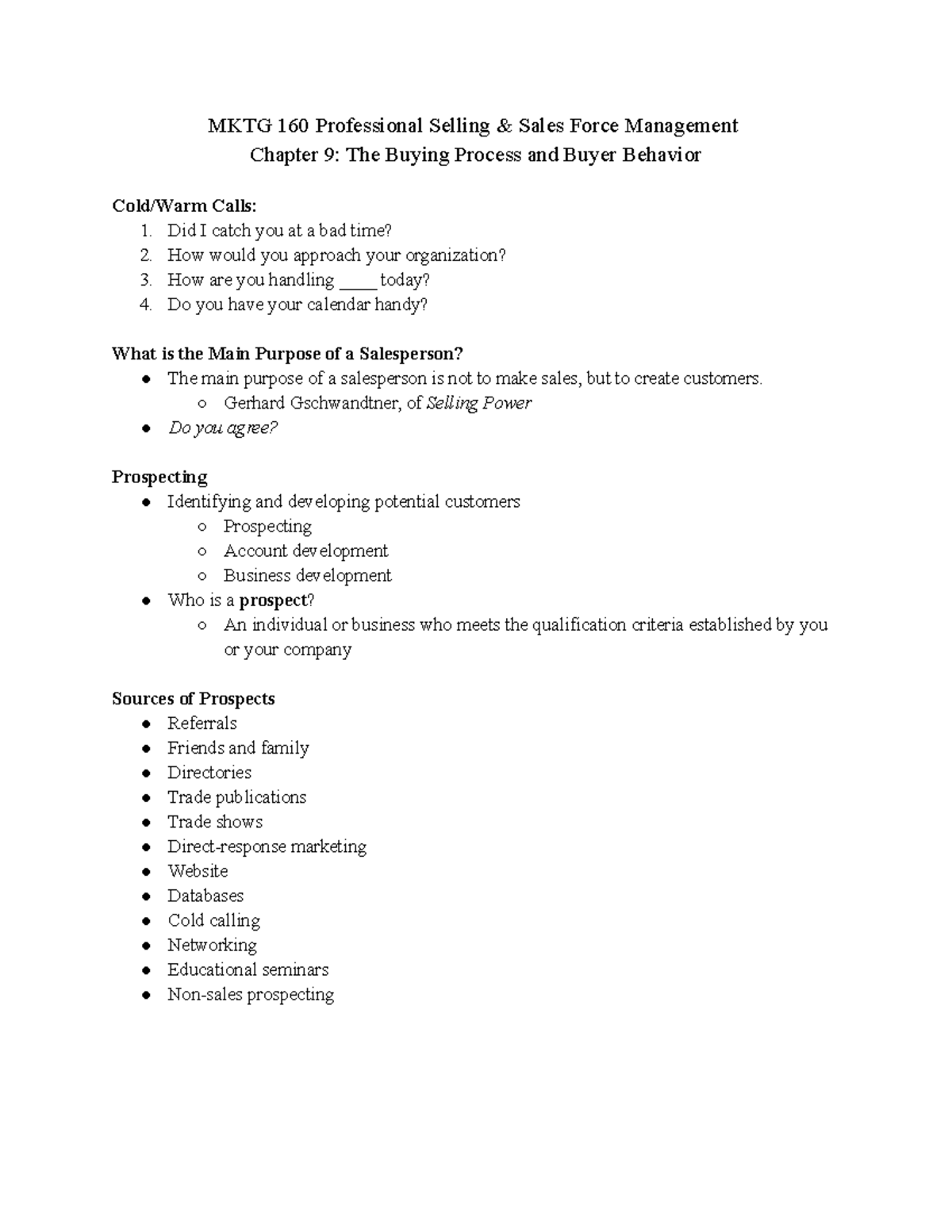 MKTG 160 - Chapter 9 Notes - MKTG 160 Professional Selling & Sales ...