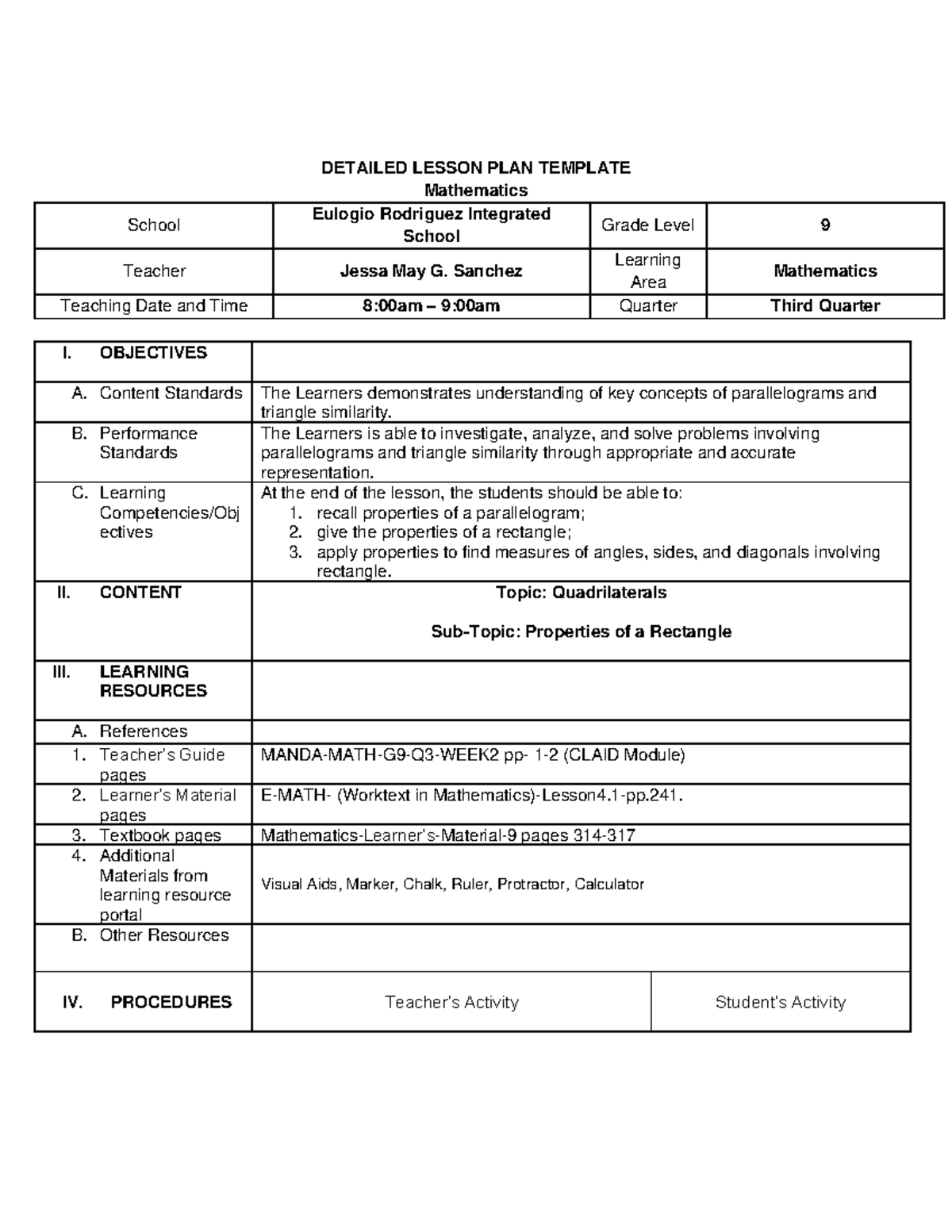 Q3- Rectangle-2 - DETAILED LESSON PLAN TEMPLATE Mathematics School ...