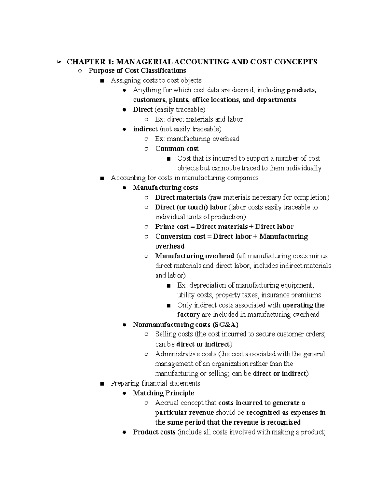 ACC-220-601 Notes - CHAPTER 1: MANAGERIAL ACCOUNTING AND COST CONCEPTS ...