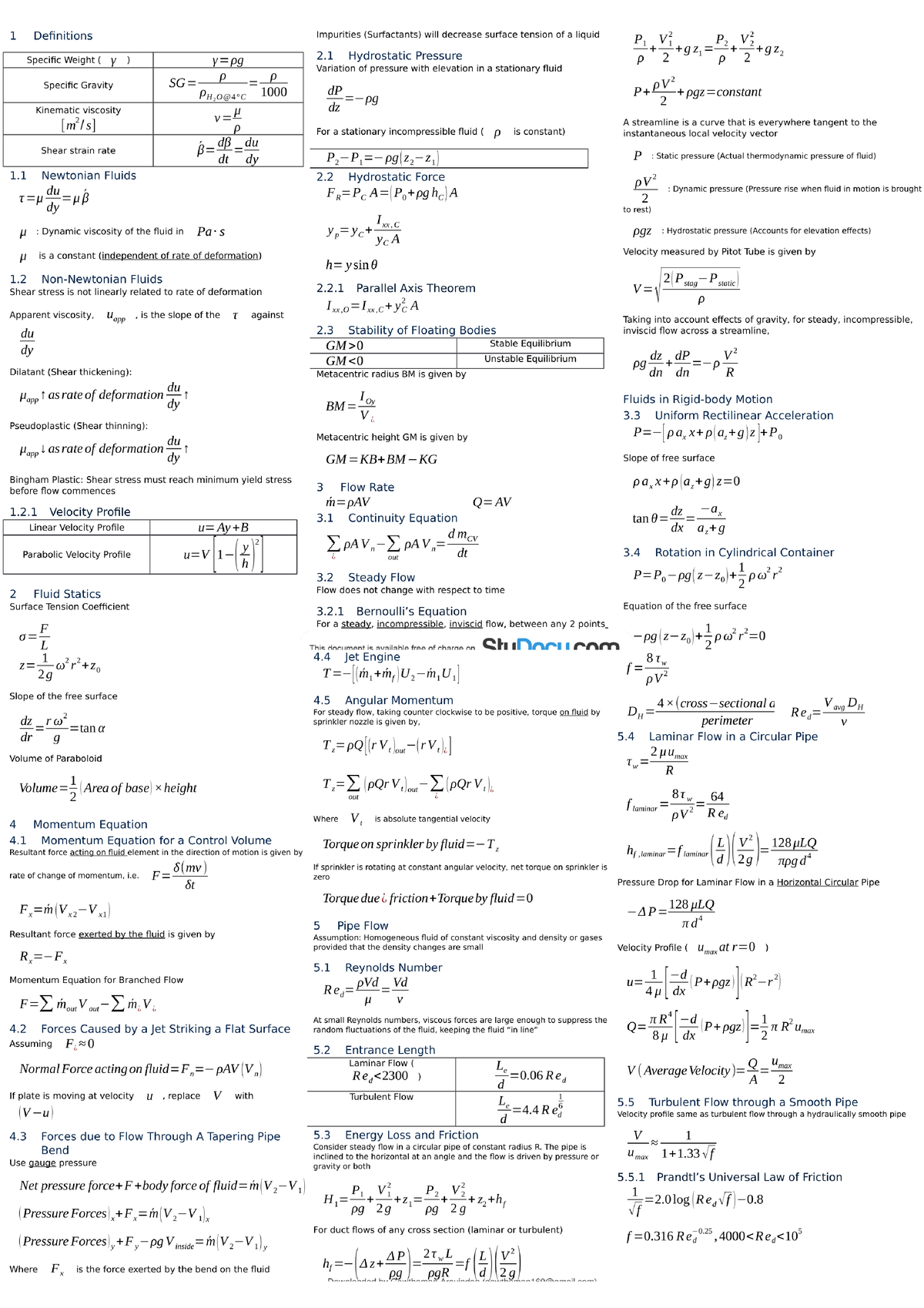 Me2134 Cheat Sheet - This Is An Introductory Course To Fluid Mechanics 