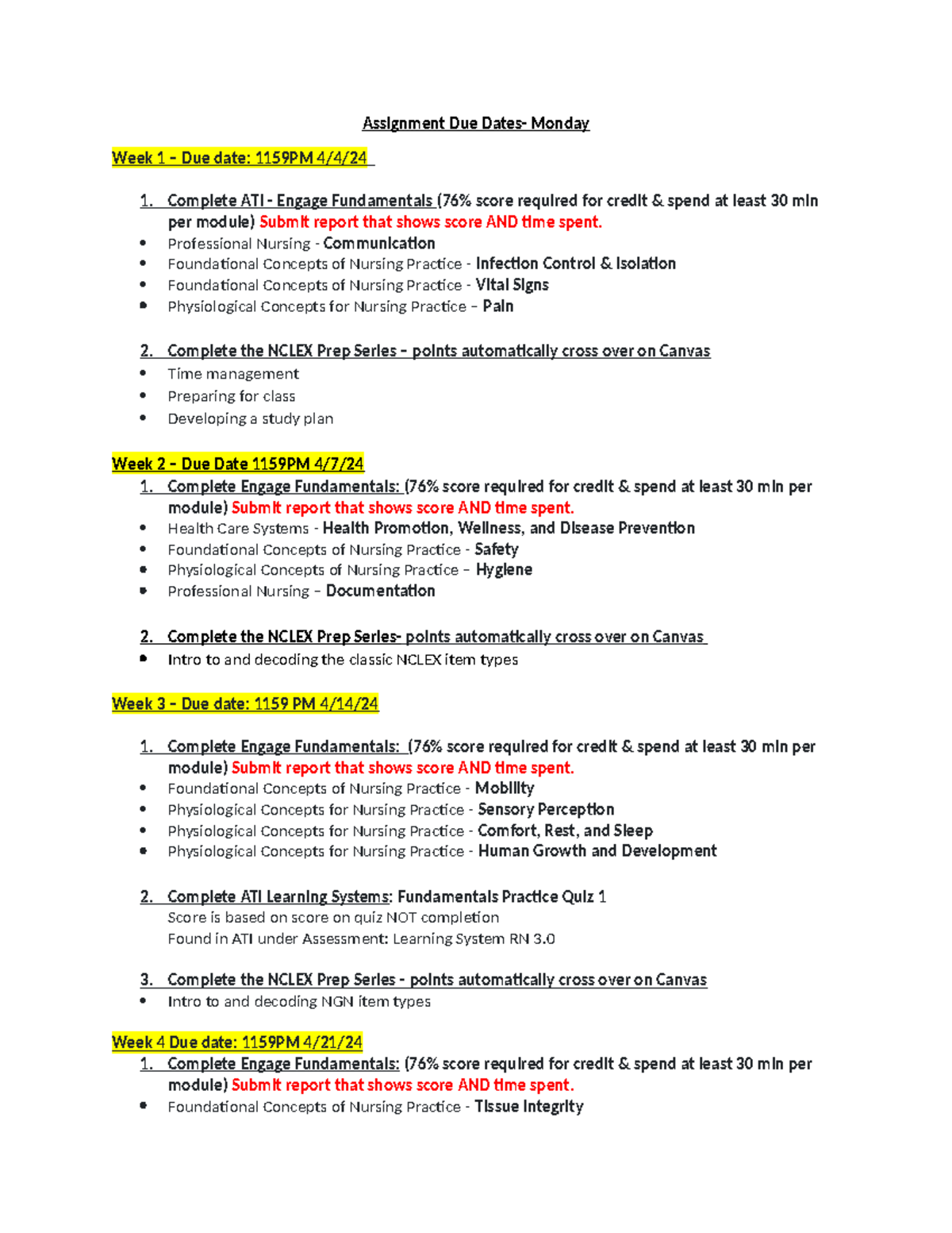 Fundis Assignment due dates - Assignment Due Dates- Monday Week 1 – Due ...