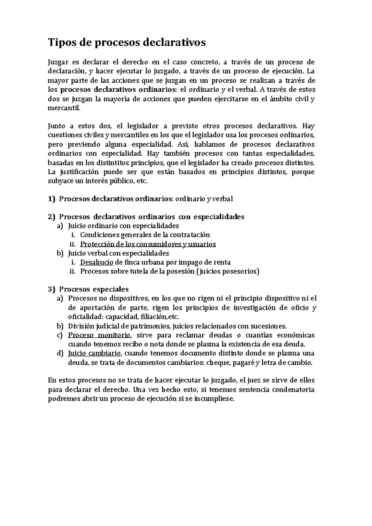 Tipos de procesos declarativos - Procesal civil - Tipos de procesos