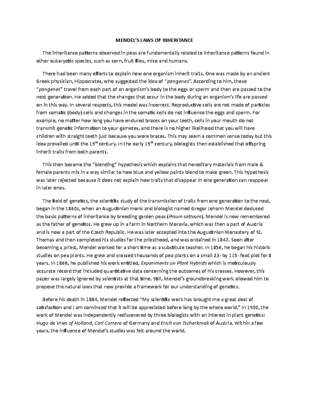 The Mendels Laws The Mendel S Laws Mendel S Laws Of Inheritance The