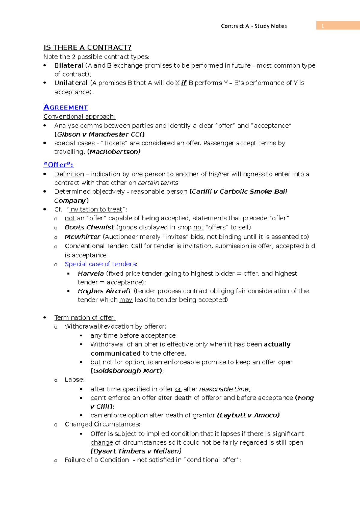 Summary - complete - 1 Contract A - Study Notes IS THERE A CONTRACT ...
