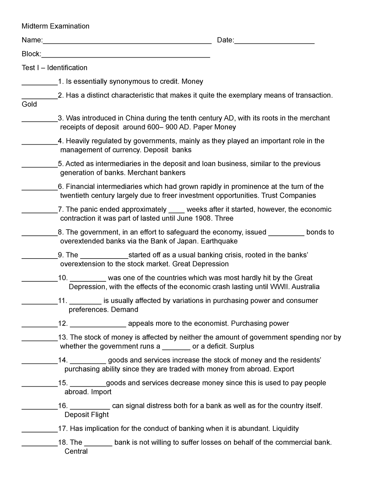 Midterm Examination Answer Key - Midterm Examination Name