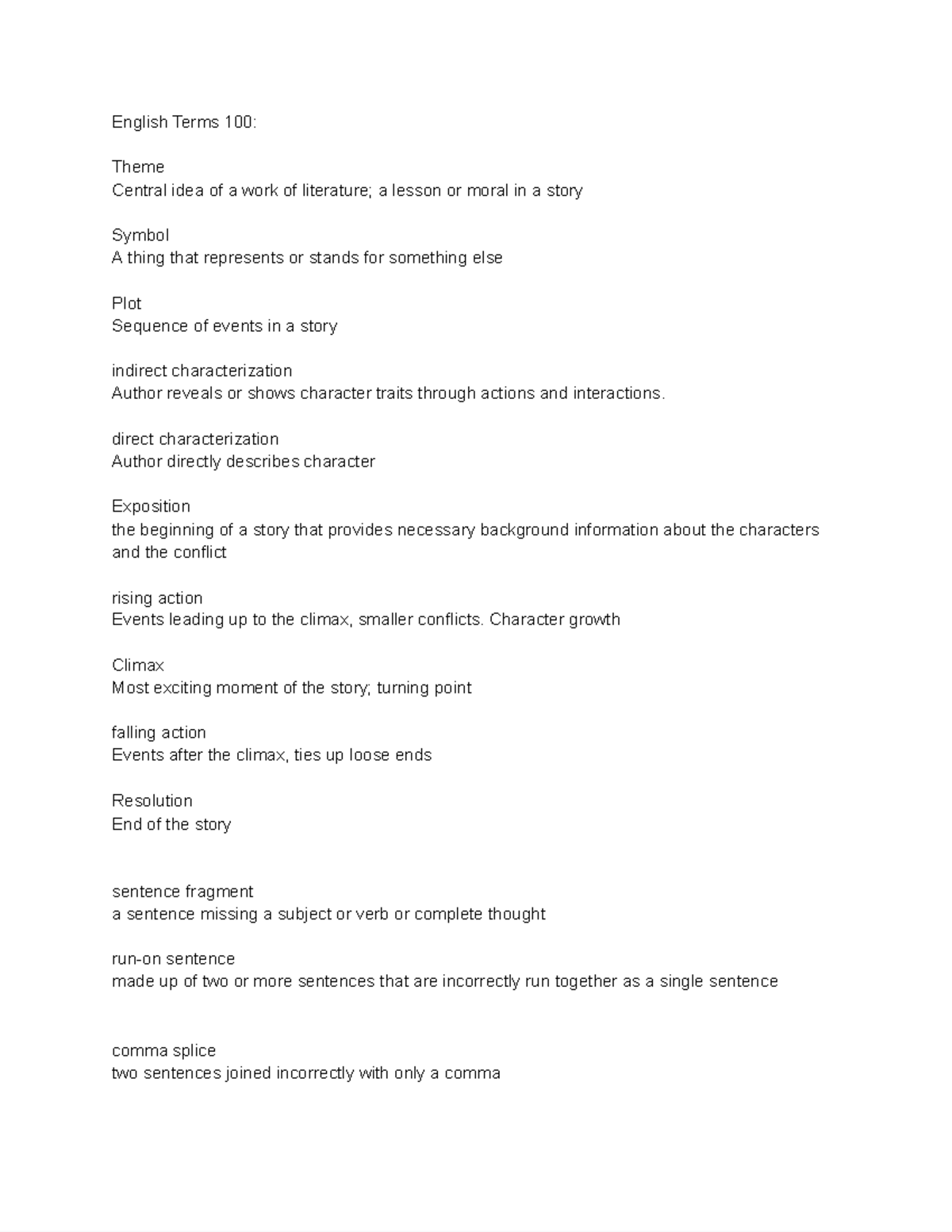 English terms 100 English Terms 100 Theme Central idea of a work of