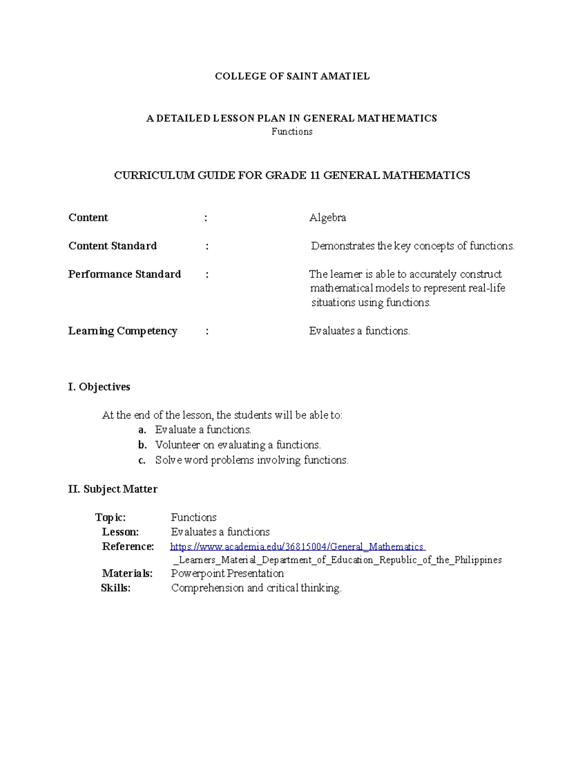 Ilunio John Michael R - COLLEGE OF SAINT AMATIEL A DETAILED LESSON PLAN ...