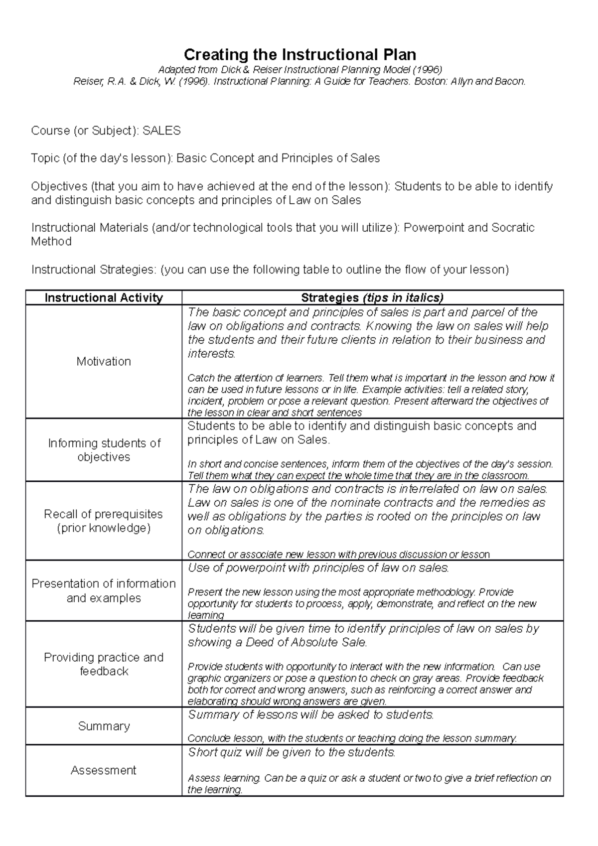 Creating the Instructional Plan Template-1 - Creating the Instructional ...