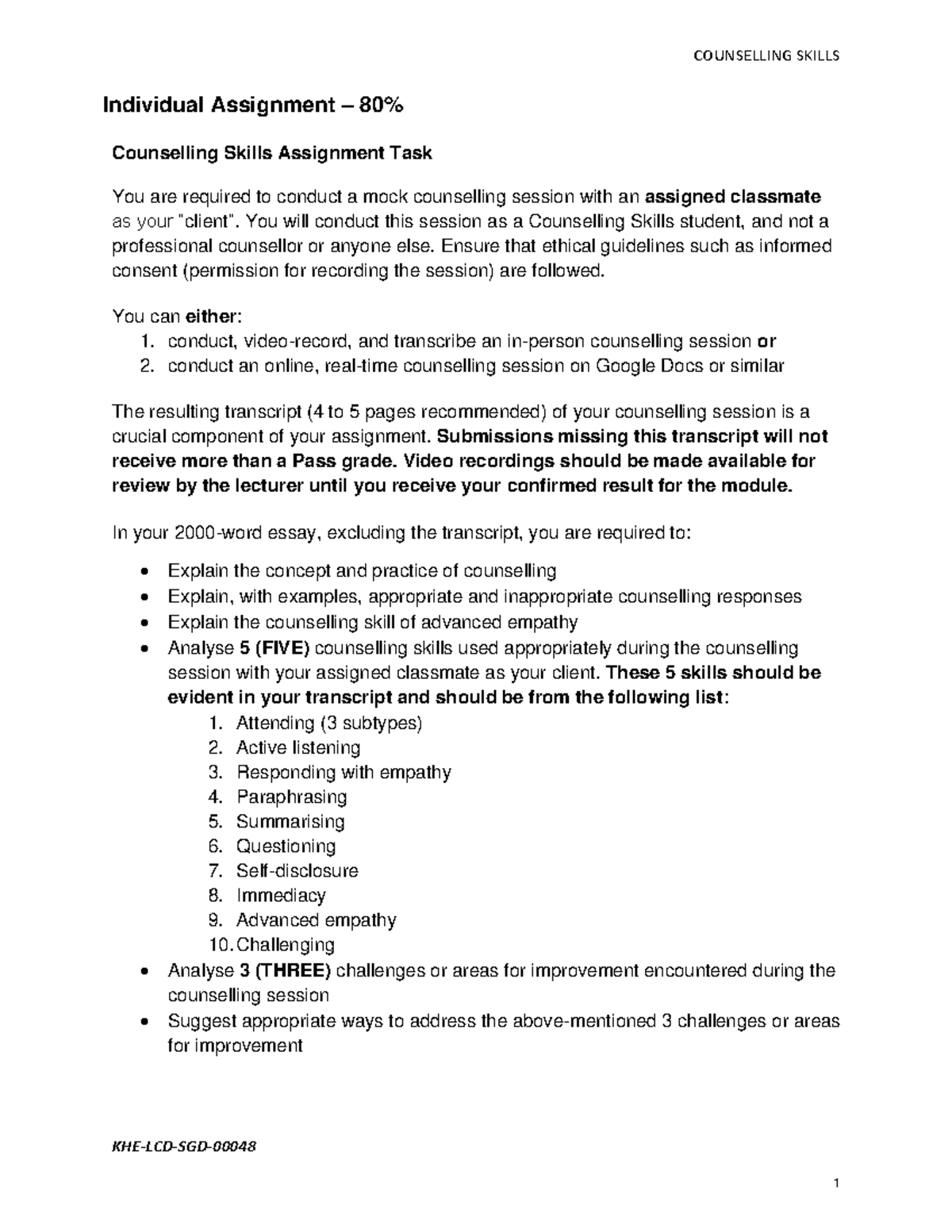 CS Assignment Rubrics 20000 - KHE‐LCD‐SGD‐ COUNSELLING SKILLS ...