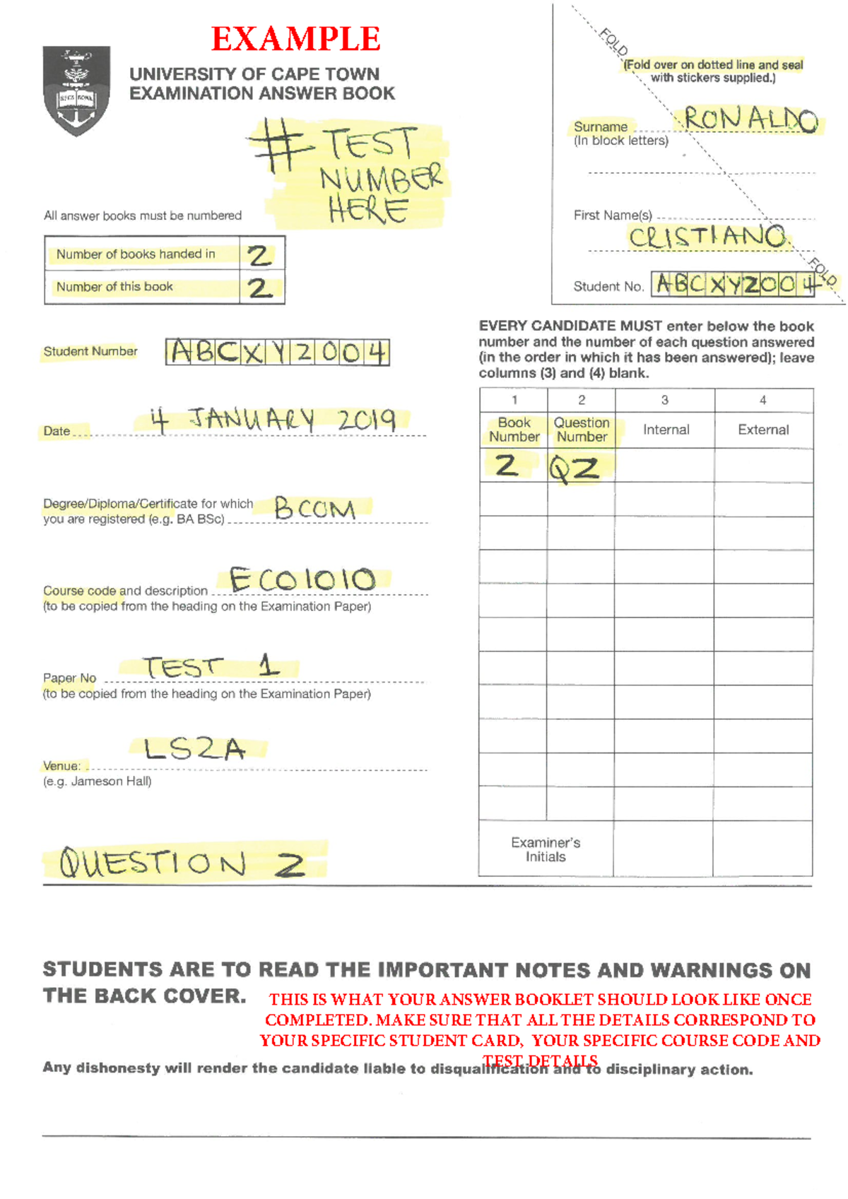 Front of Exam Book - read careful - ECO1011S - THIS IS WHAT YOUR ANSWER ...