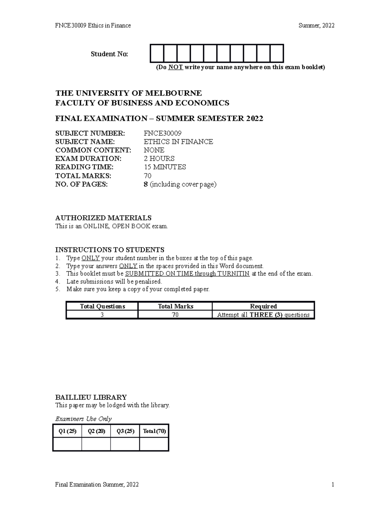 Ethics Exam Final 2022S Student No Do NOT Write Your Name