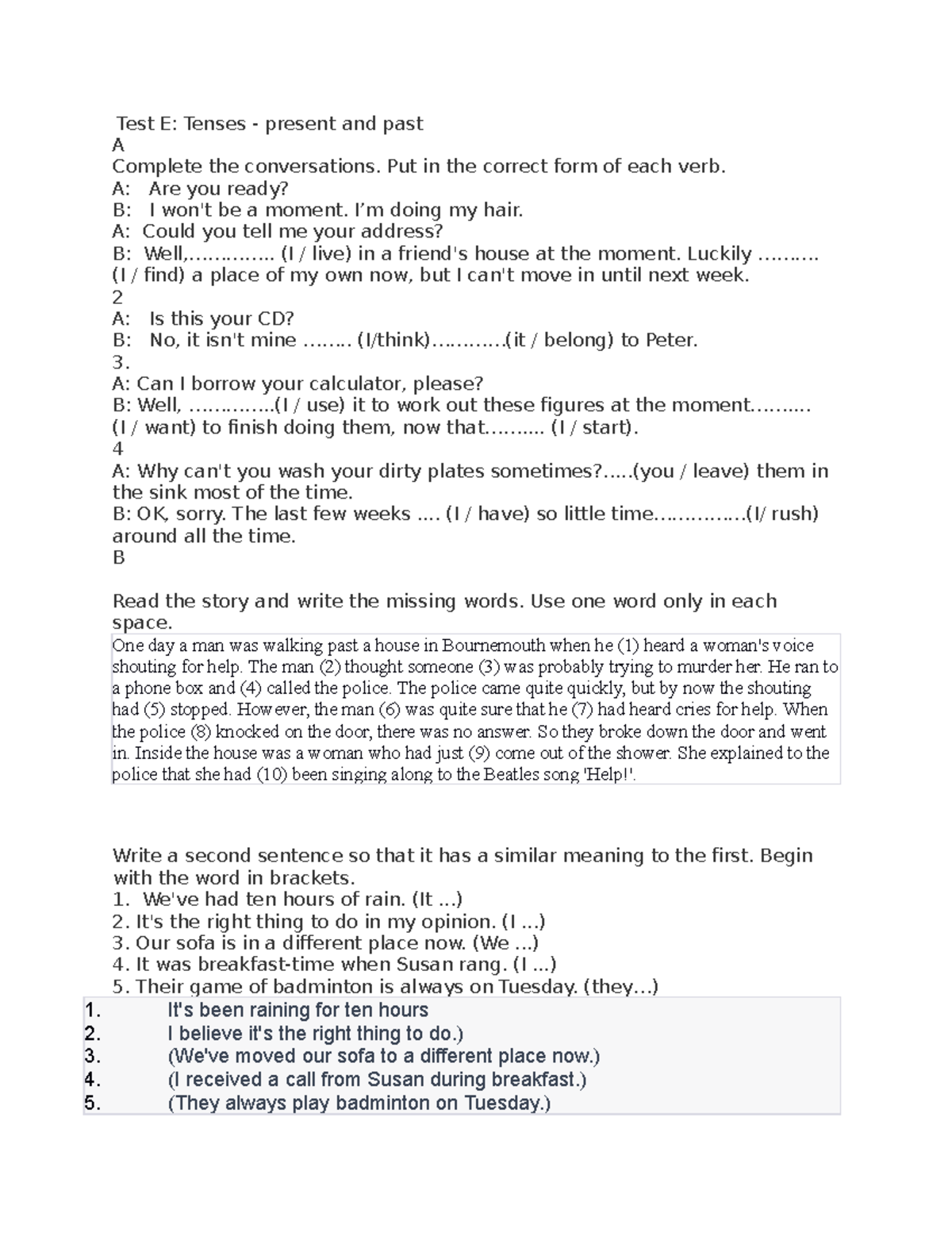 Hình-1 - caaddd - Test E: Tenses - present and past A Complete the ...