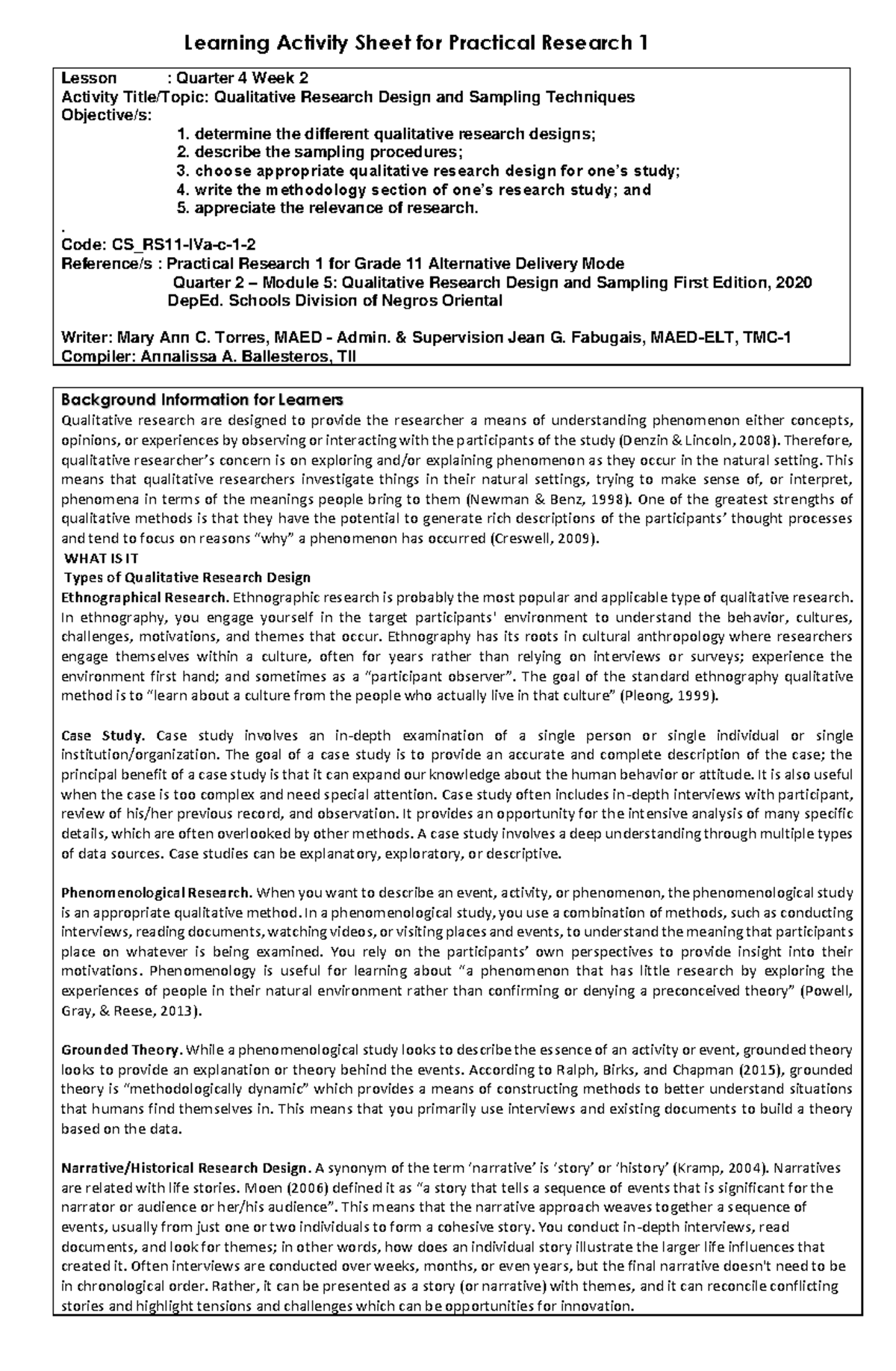 PR1 LAS Research Design and Sampling Techniques - Learning Activity ...