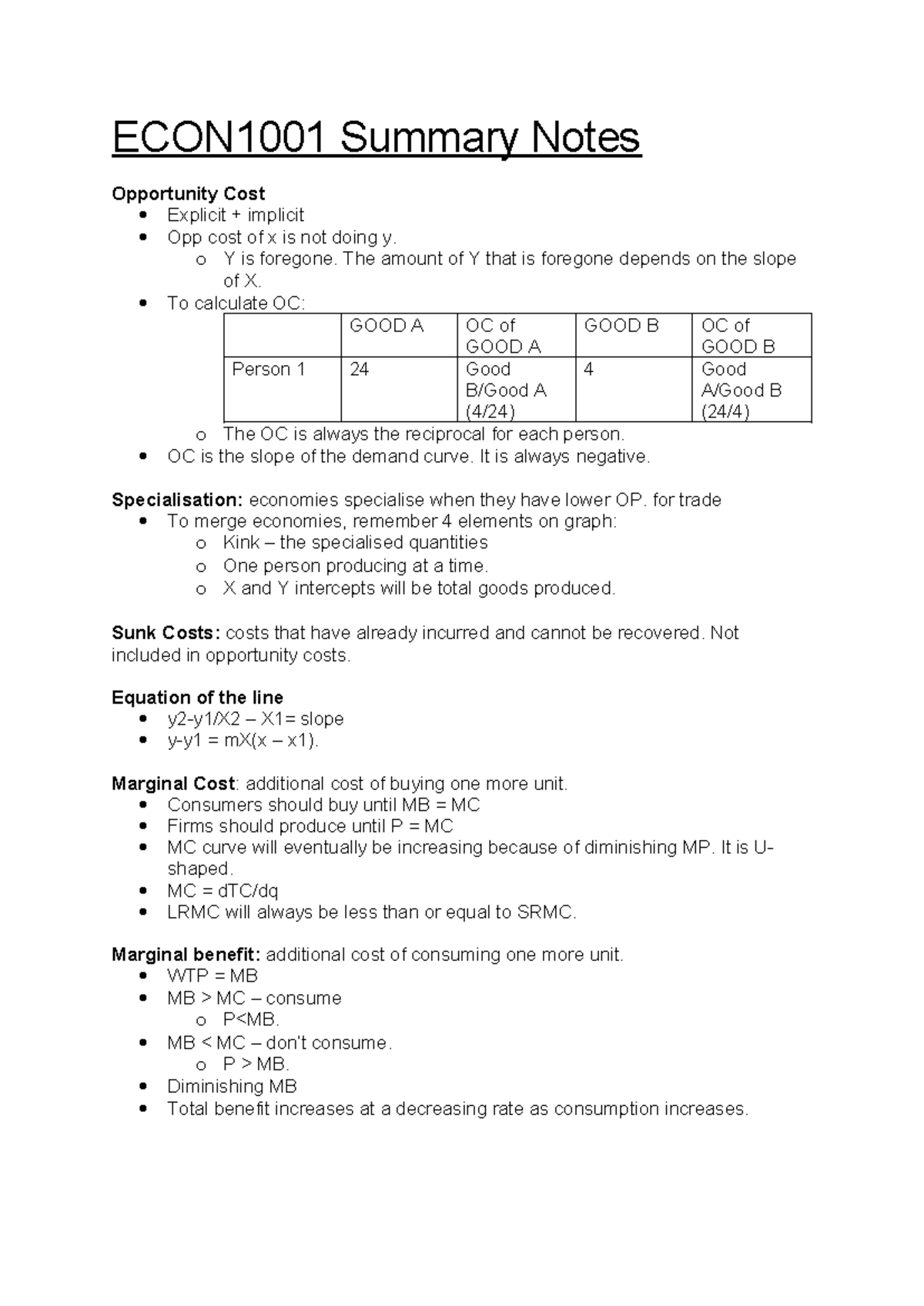 ECON1001 Summary Notes - ECON1001 Summary Notes Opportunity Cost ...